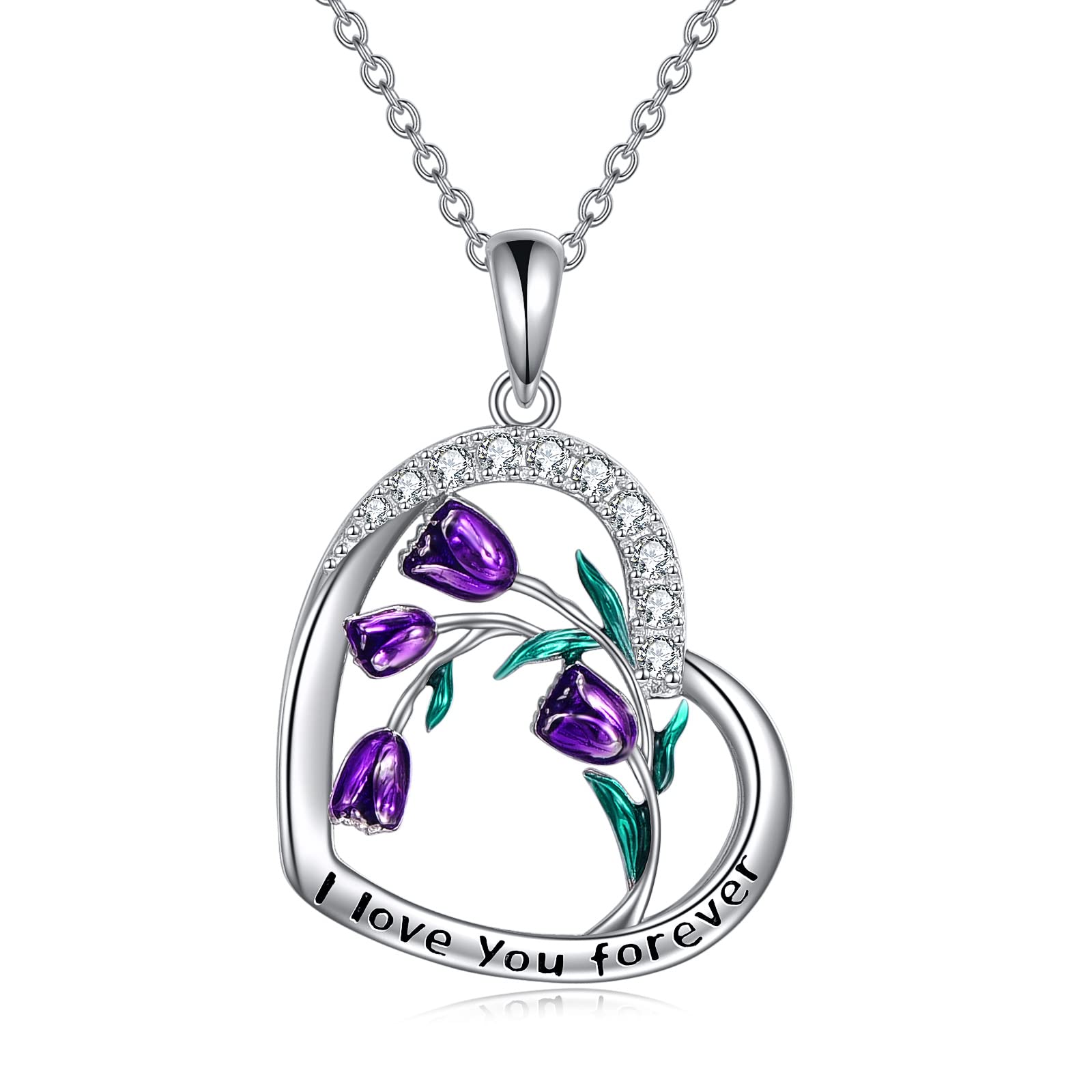 CRMAD Sterling Silver Purple Tulips Necklace with Moonstone & Crystal Cross Flower Pendant - Elegant Jewelry Gift for Mother's Day, Birthday, Anniversary | Perfect for Weddings, Parties & Special Occasions