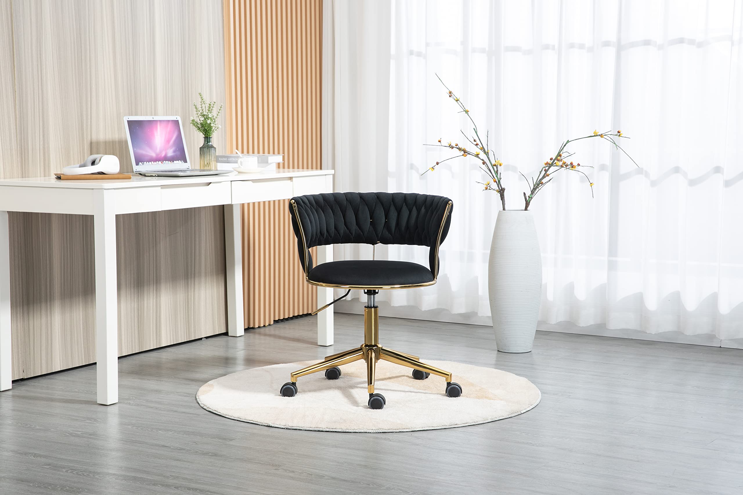 Velvet Office Chair - Ergonomic Swivel Desk Chair with Adjustable Height, Arms & Wheels - Upholstered Computer Task Chair for Home Office, Gaming & Makeup Station - Black Velvet Fabric with Metal Base