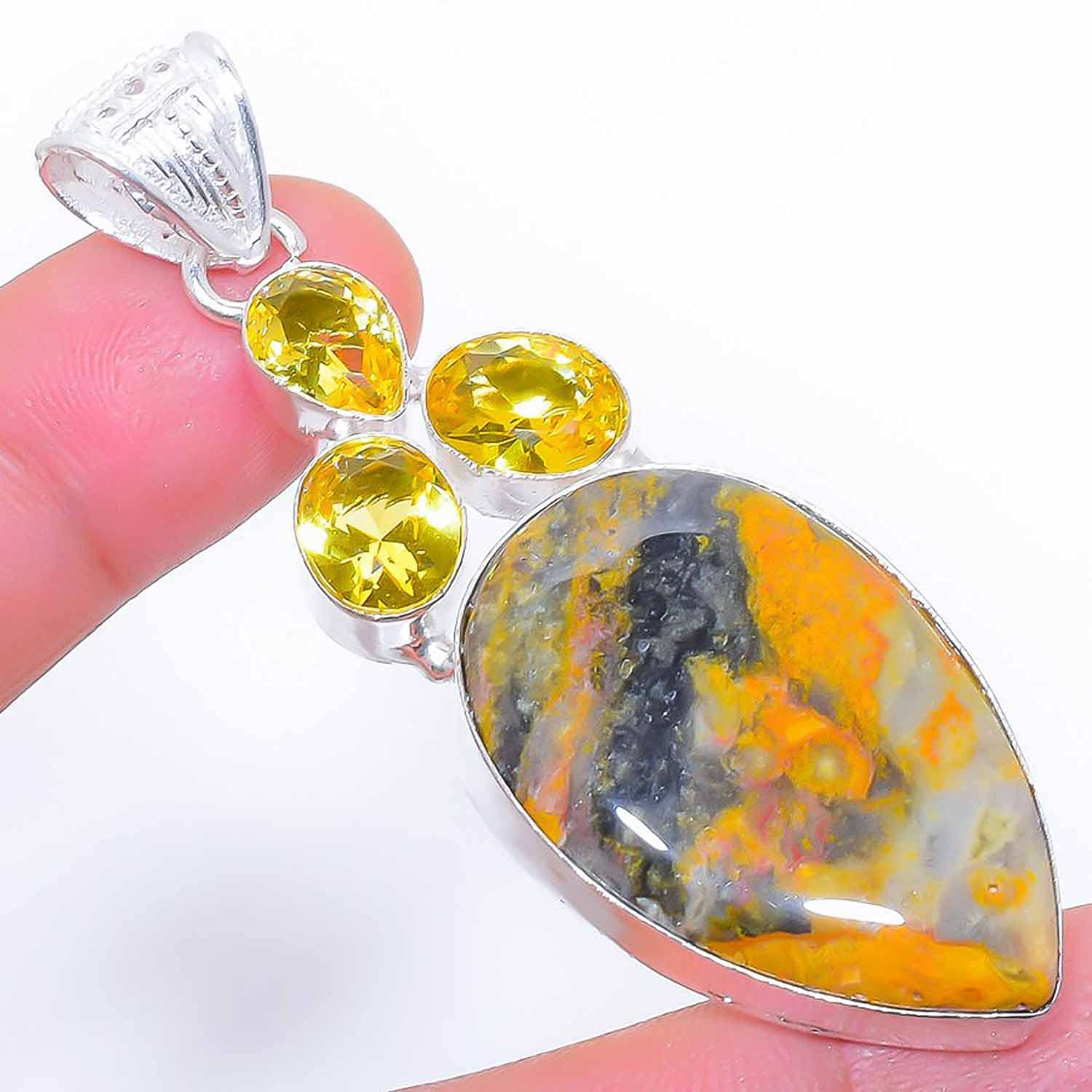 Bumble Bee Jasper & Citrine Gemstone 925 Sterling Silver Pendant Necklace - 2.7