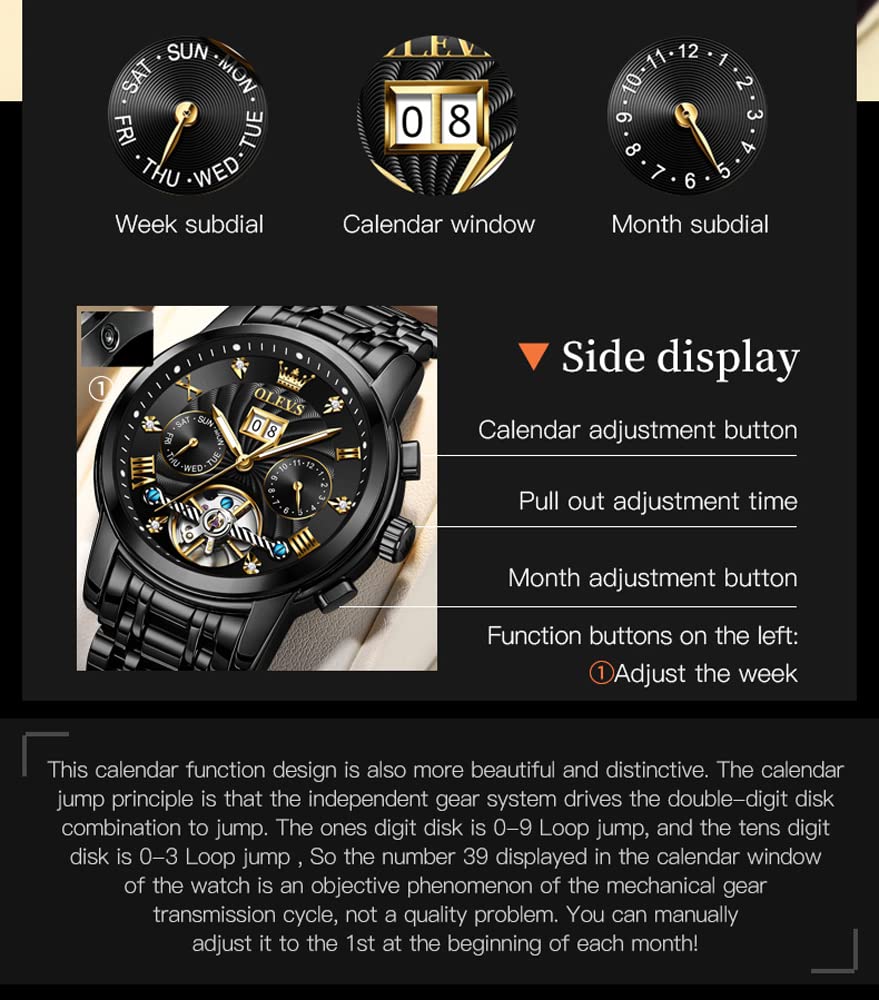 OLEVS Automatic Gold Watches for Men - Luxury Classic Stainless Steel Calendar Luminous Waterproof Watch - Perfect for Business, Formal Events & Everyday Wear
