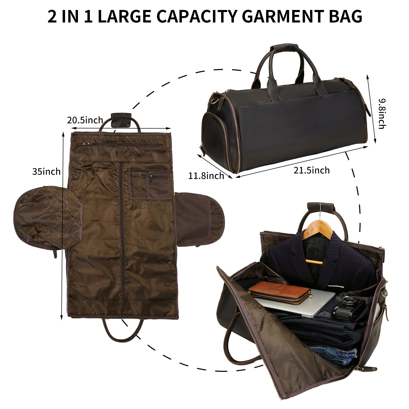 Premium Full Grain Leather Carry On Garment Bag - 2-in-1 Hanging Suitcase & Duffle for Business Travel | Men's Weekender Bag with Shoulder Strap | Perfect Gift for Businessmen & Frequent Flyers (Ideal for Business Trips, Weddings & Weekend Getaways)