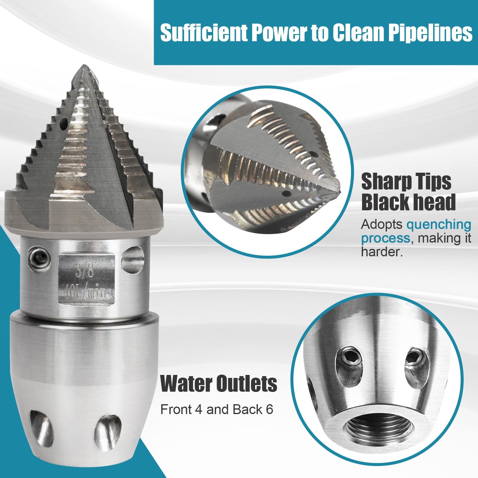 3/8 NPT Stainless Steel Sewer Jetter Rotating Nozzle - High Pressure Drain Cleaning Nozzle for 40 L/min Pressure Washer (Black Head) - Ideal for Clogged Pipes, Sewer Lines & Commercial Drain Cleaning