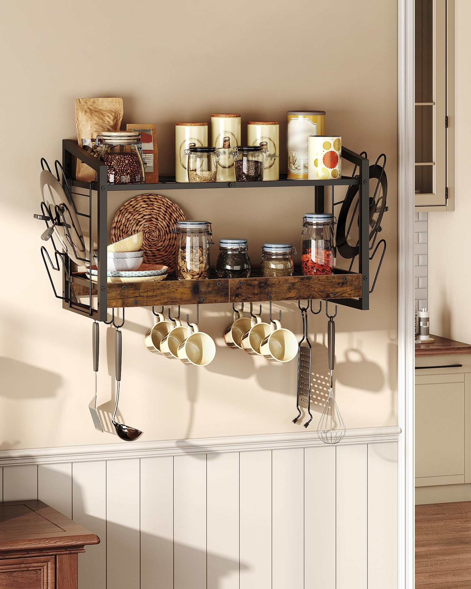2-Tier Wall Mounted Hanging Pot Rack with 12 Hooks - Rustic Brown Kitchen Organizer for Pots, Pans & Utensils | Space-Saving Storage Solution for Small Kitchens & Apartment Cooking Areas