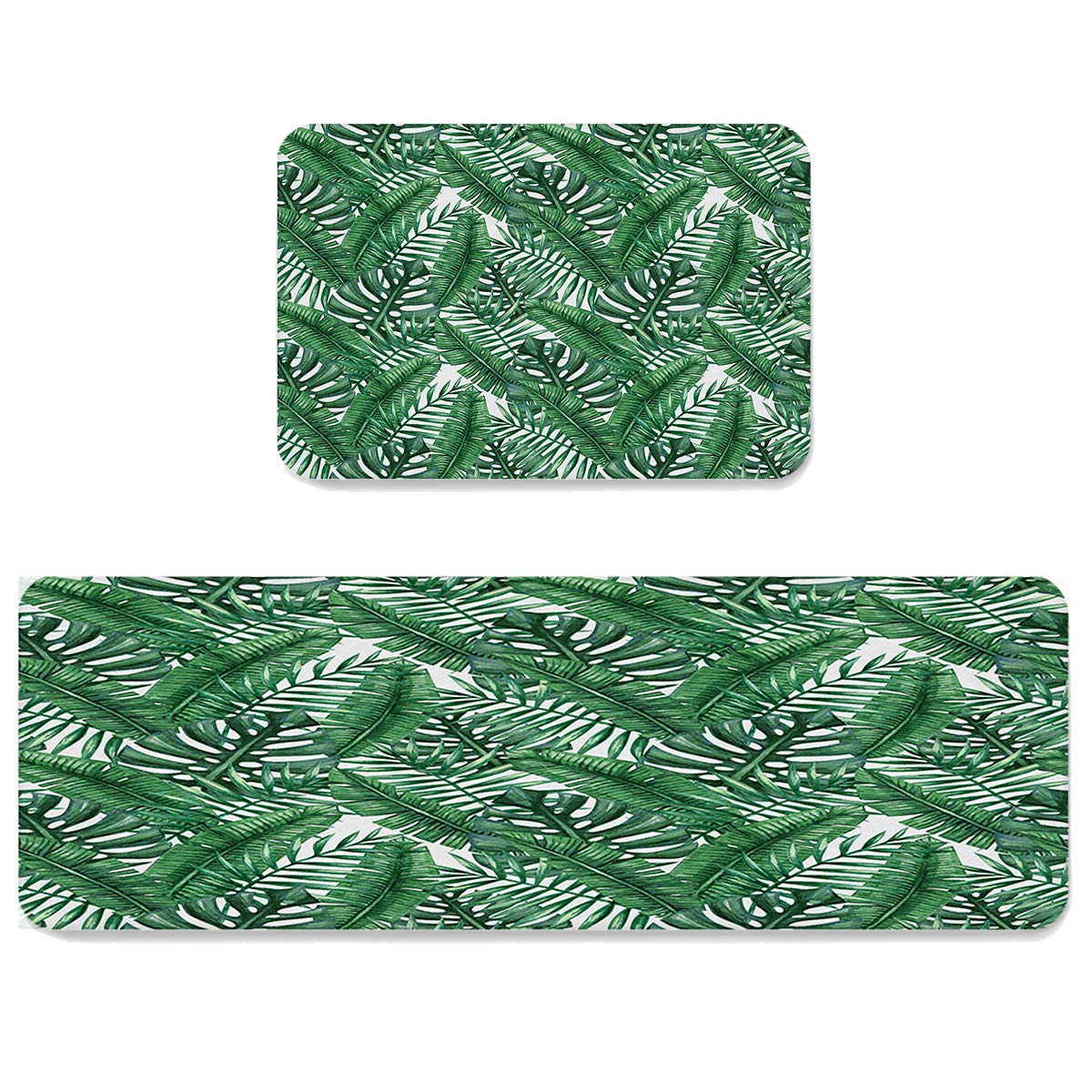 LooPoP Anti-Fatigue Kitchen Mats Set - 2-Piece Non-Slip Cushioned Floor Mats with Tropical Palm Leaf Design, Washable Green Runner Rugs for Comfortable Cooking & Standing - Perfect for Kitchens, Pantries & Food Prep Areas