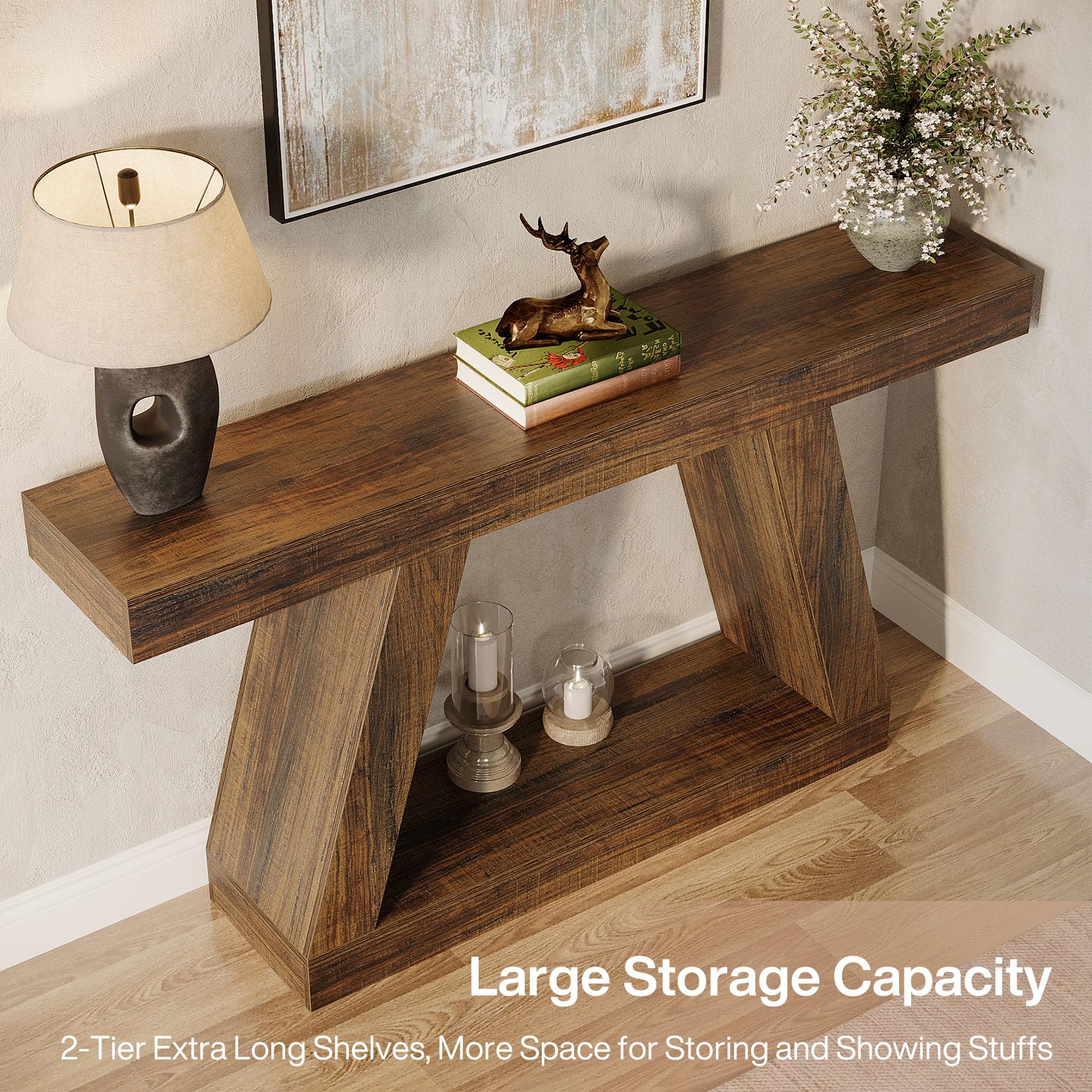 Tribesigns 55-Inch Farmhouse Console Table with Storage - Rustic Industrial Wooden Sofa Table for Entryway, Hallway & Living Room - Dark Brown - Perfect for Home Decor, Small Space Storage & Entryway Organization