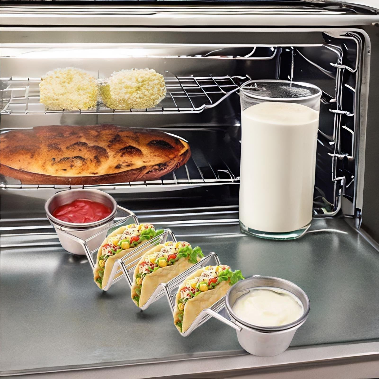 Stainless Steel Taco Stand Holder with Sauce Tray - 6 Slot Taco Rack for Baking, Serving & Party Display - Perfect for Taco Night, Mexican Fiesta, BBQ & Family Gatherings
