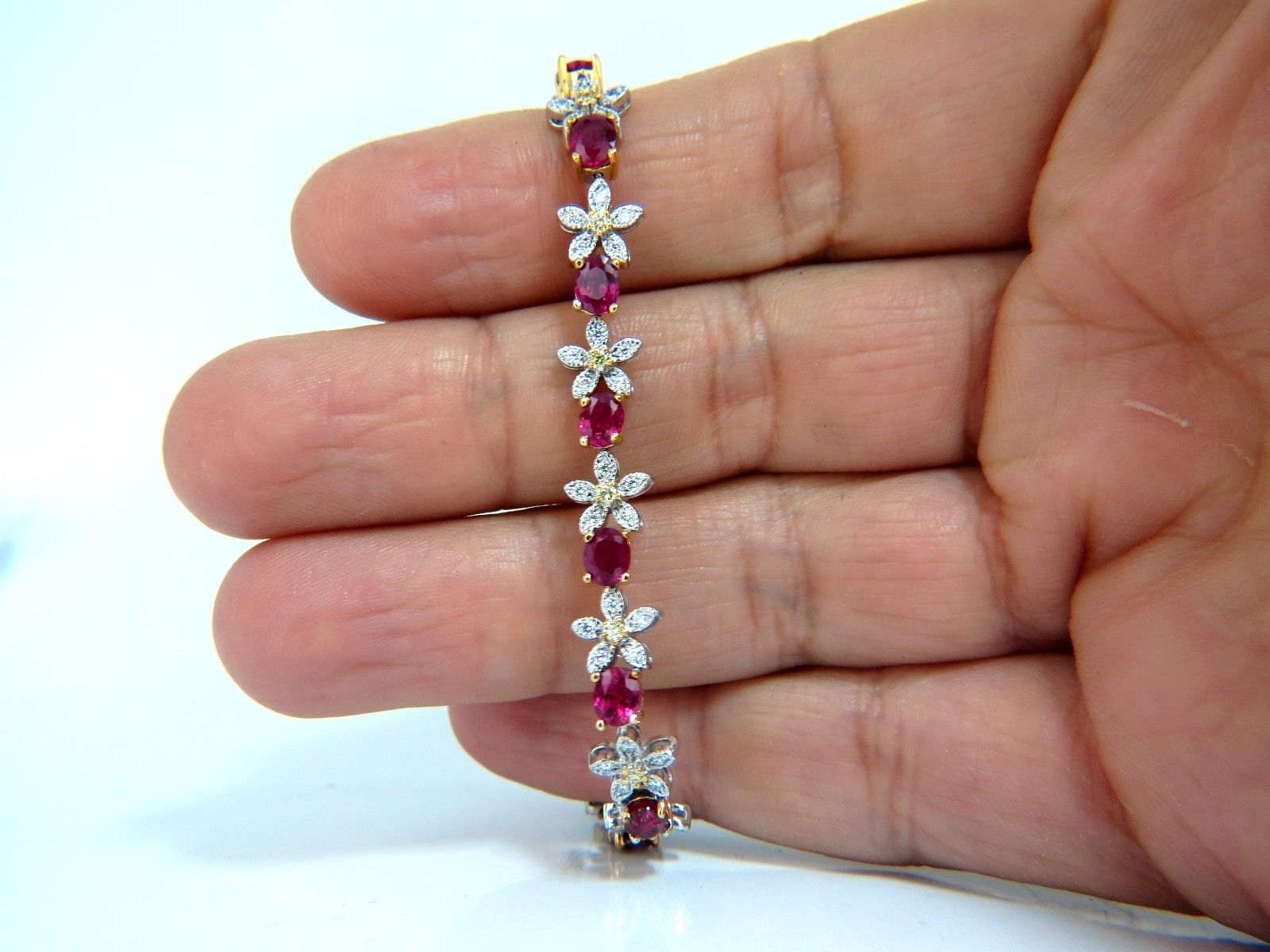 7.27ct Natural Red Ruby & Diamond Flower Cluster Tennis Bracelet in 18K Gold - Perfect for Weddings, Anniversaries & Special Occasions