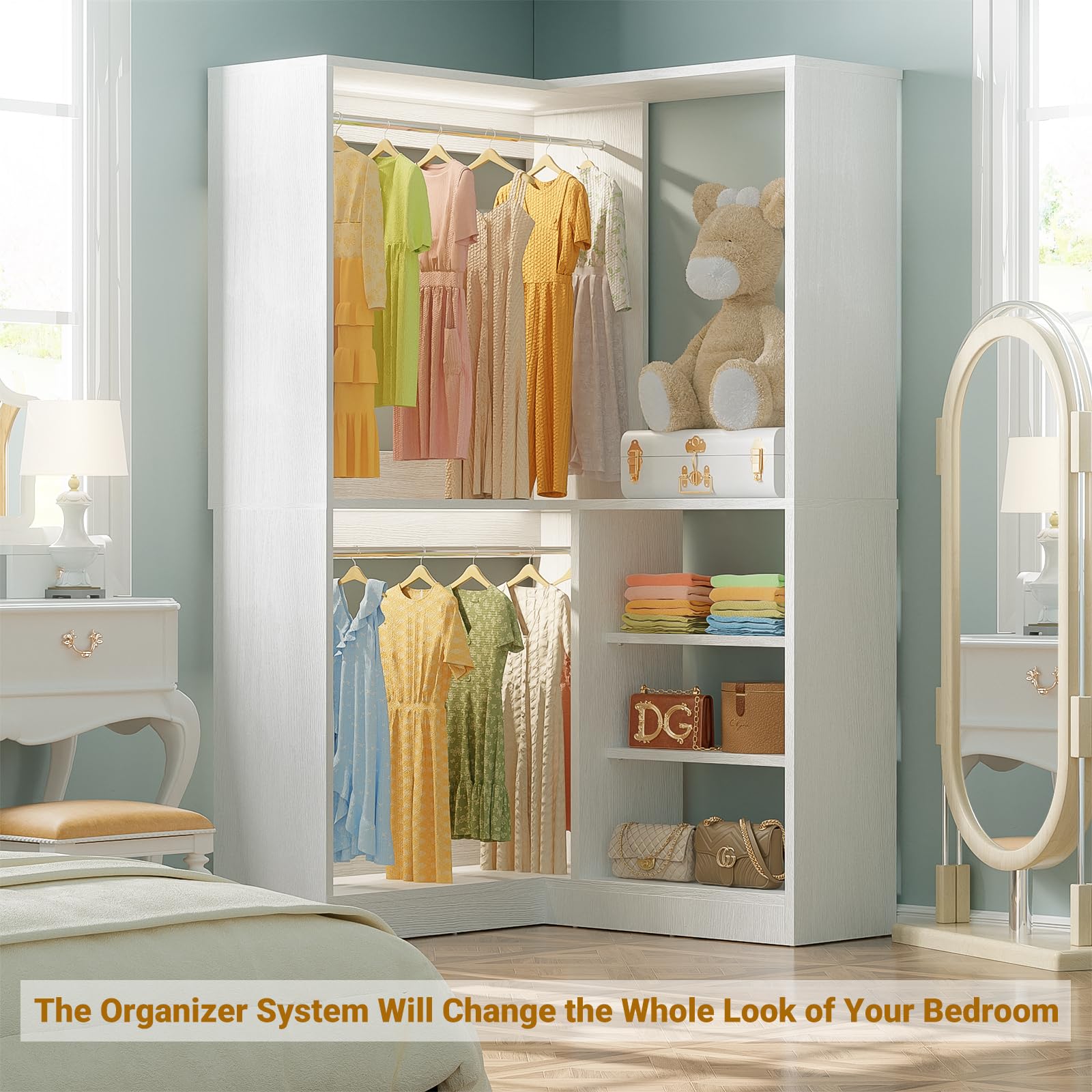 Unikito 36 Inch Freestanding Closet Organizer System - Large Corner Closet Tower with 2 Hanging Rods & Storage Shelves, Walk-in Closet Storage Solution (36