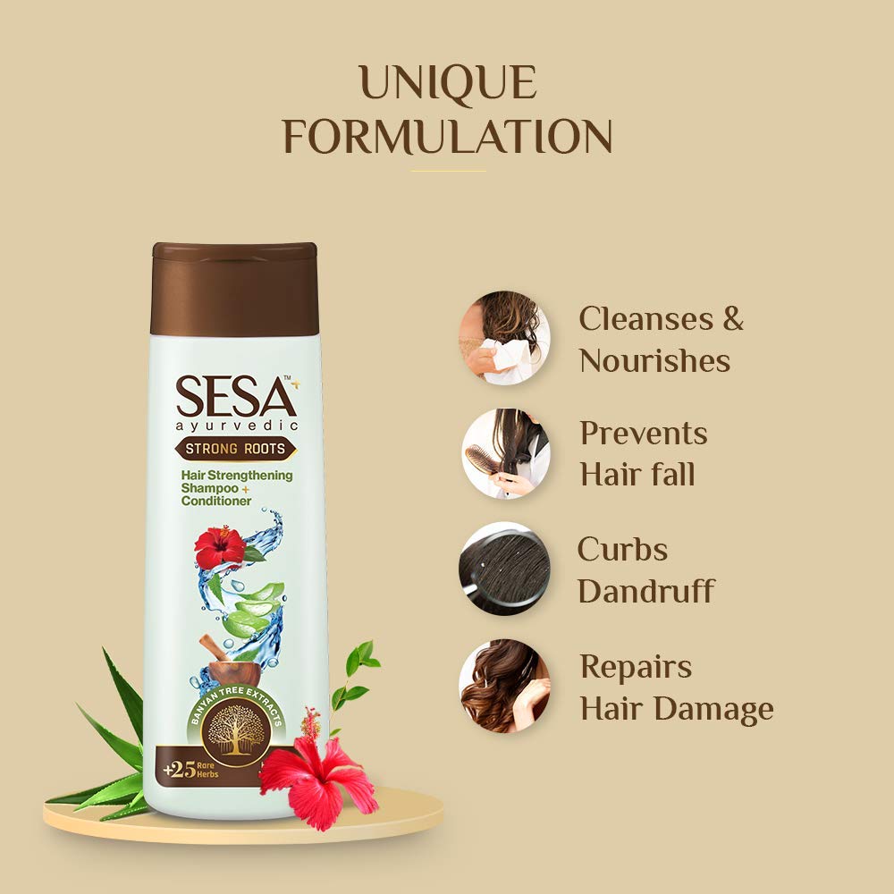 SESA Ayurvedic Strong Roots Hair Care Combo - Hair Strengthening Oil (100ml) & Shampoo + Conditioner (200ml) for Men & Women | Paraben-Free, Sulfate-Free | Promotes Hair Growth & Reduces Hair Fall | Perfect for Daily Hair Care & Scalp Nourishment