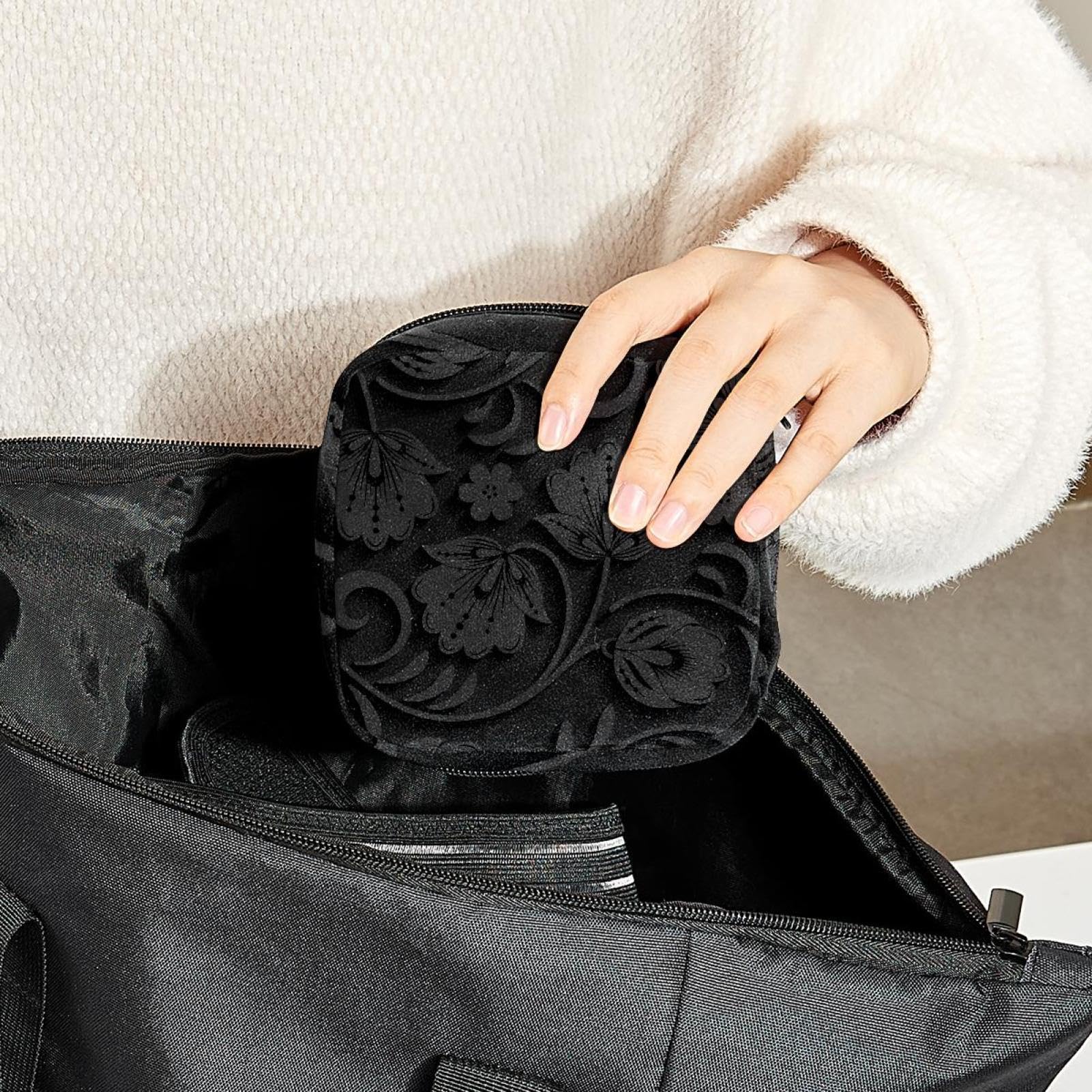3D Floral Black Leaf Pattern Menstrual Cup & Pad Organizer Pouch - Portable Hygienic Storage for Women & Girls - Perfect for Travel, Gym, and Daily Use