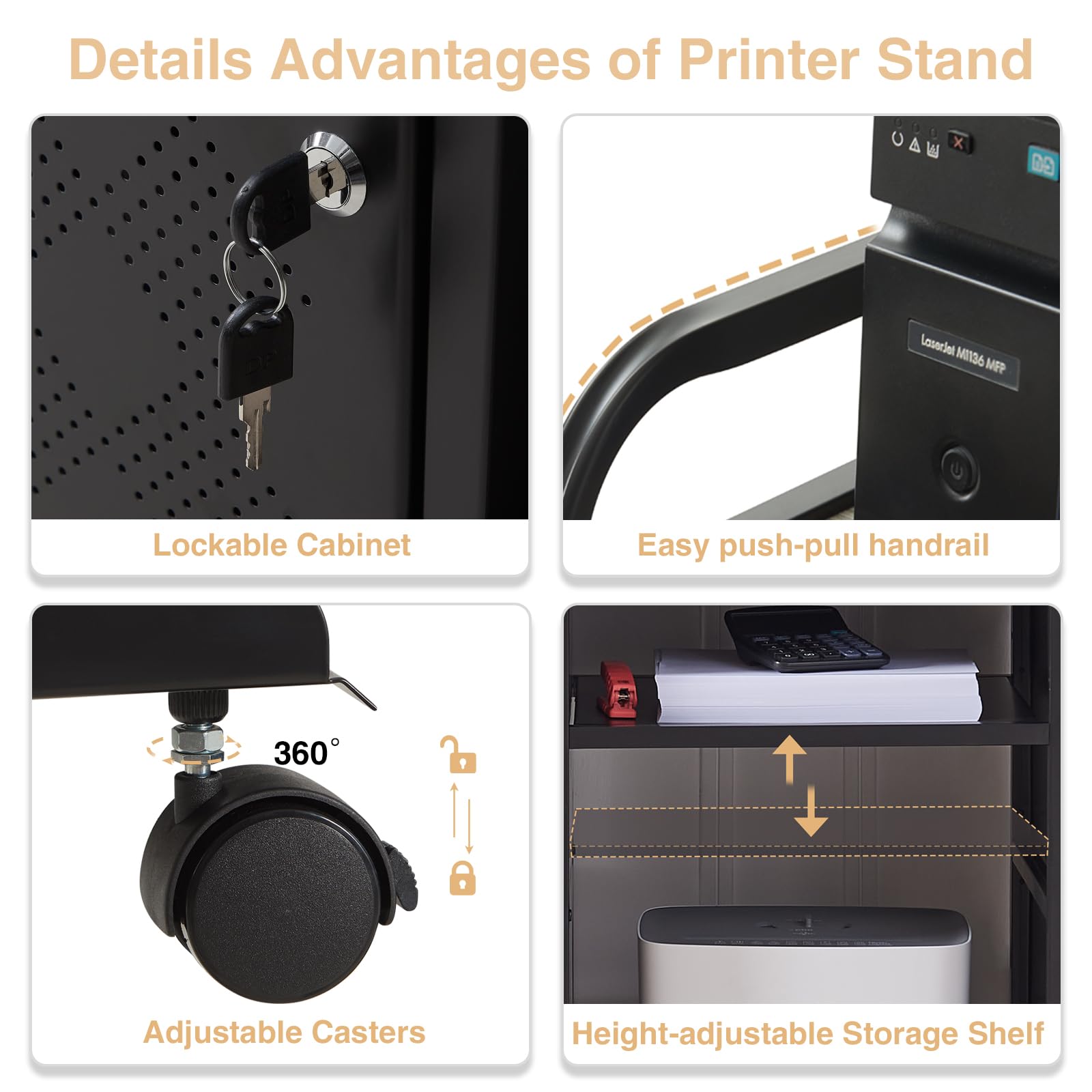 Heavy-Duty Printer Stand with Storage - Adjustable Printer Table with Power Outlet & USB Ports - Home Office Desk Organizer with Paper Shredder Shelf & PC Tower Stand on Wheels - Perfect for Workspace Organization & Multi-Functional Home Office Setup