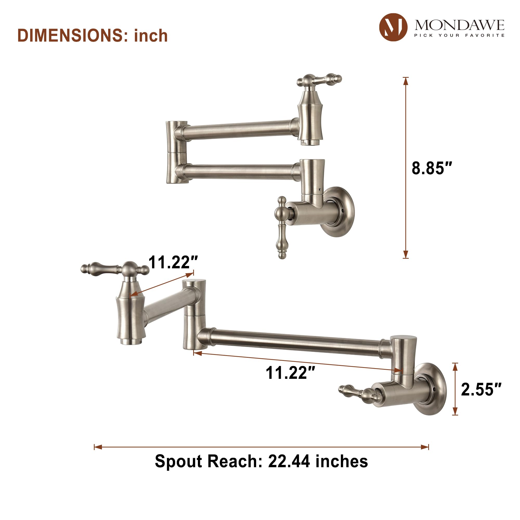 MONDAWE Brushed Nickel Pot Filler Faucet - Wall Mounted Brass Stove Faucet with 1.8 GPM Flow Rate & Double Joint Swing Arms - Lead-Free Retro Kitchen Faucet for Pasta & Cooking - Perfect for Over Stove Installation in Modern & Farmhouse Kitchens