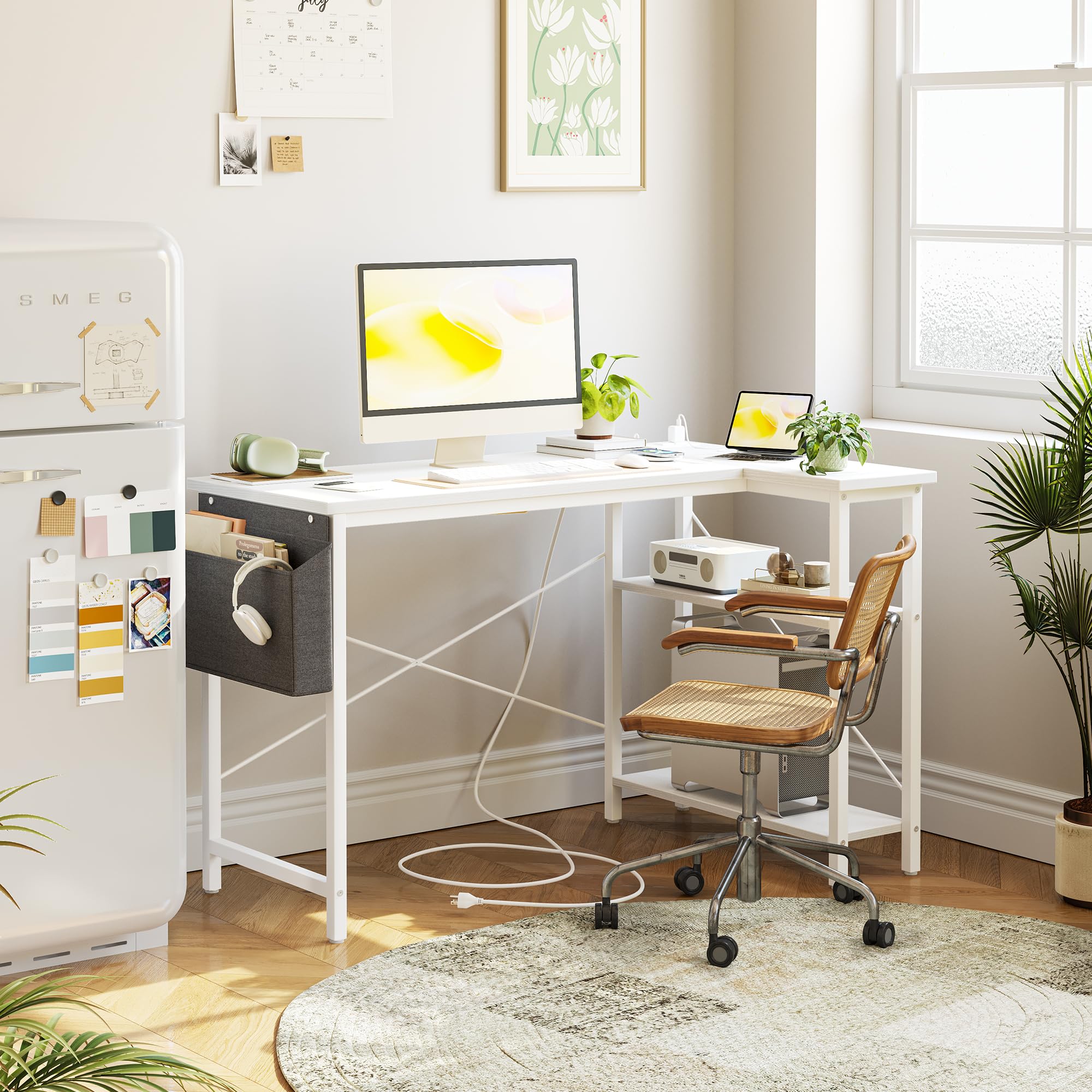 TIQLAB 40 Inch L-Shaped Computer Desk with Power Outlets & Reversible Shelves - Compact Corner Gaming Desk, Study Writing Workstation for Home Office, Bedroom & Small Spaces - White (Perfect for Remote Work, Online Classes & Gaming Setups)