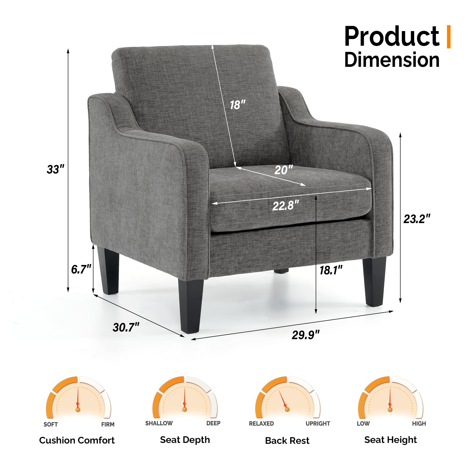 VINGLI Mid Century Modern Accent Chair - Soft Chenille Upholstered Armchair for Living Room, Bedroom, Office - Comfortable Reading Chair & Side Chair in Light Grey (Perfect for Relaxing, Lounging & Home Decor)