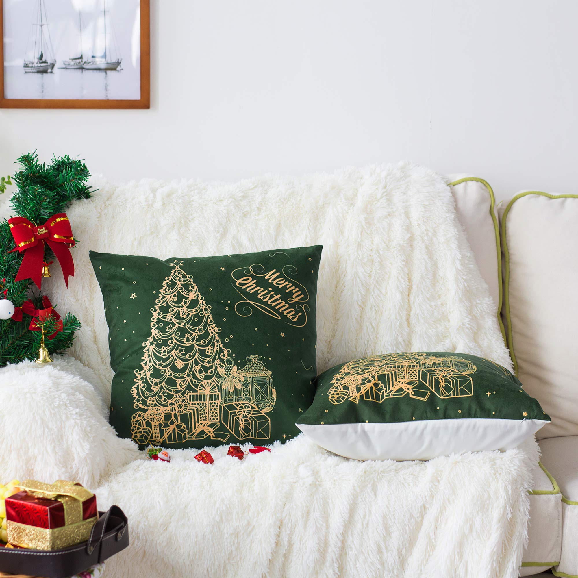 CaliTime 18x18 Inch Christmas Tree Print Fleece Throw Pillow Covers Pack of 2 - Soft Cozy Decorative Cushion Covers for Sofa, Couch, Bedroom - Perfect Holiday Home Decor Gift (Green)