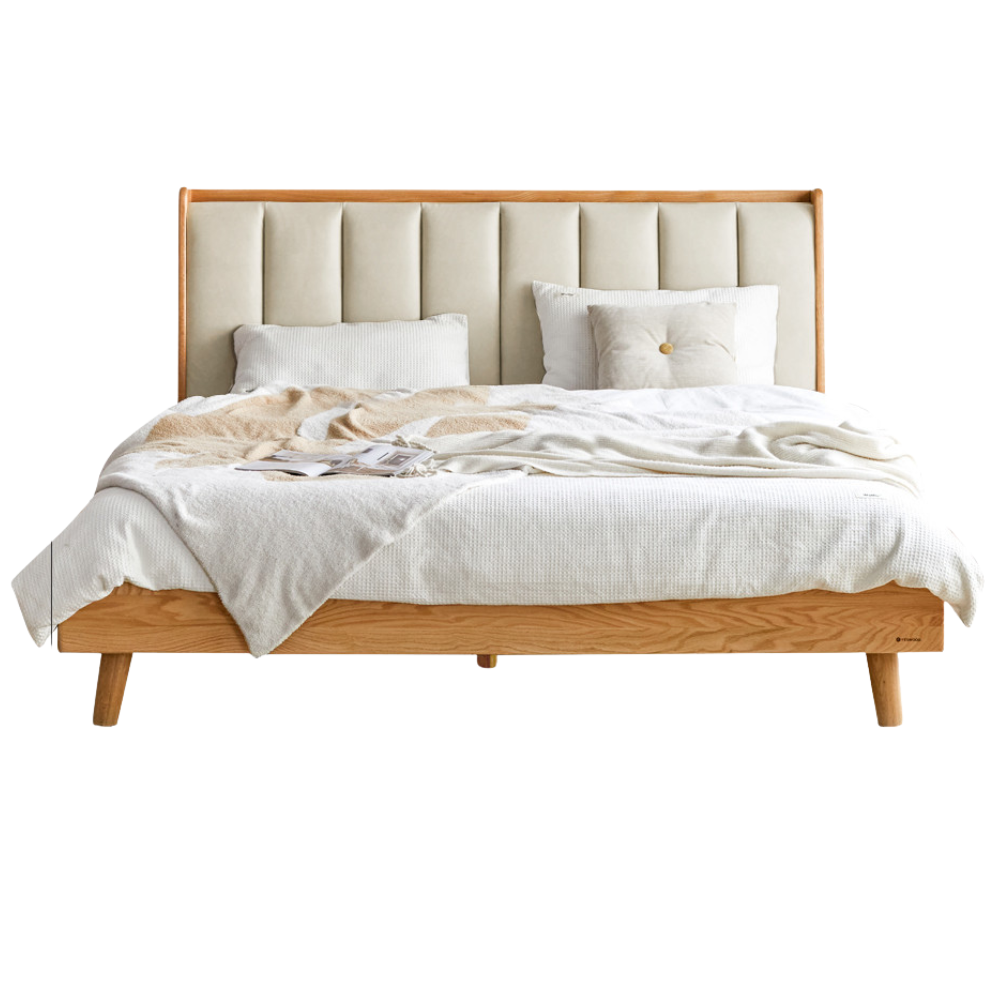 Natural Wood Color Oak low berth (genuine leather coconut milk white) soft back bed