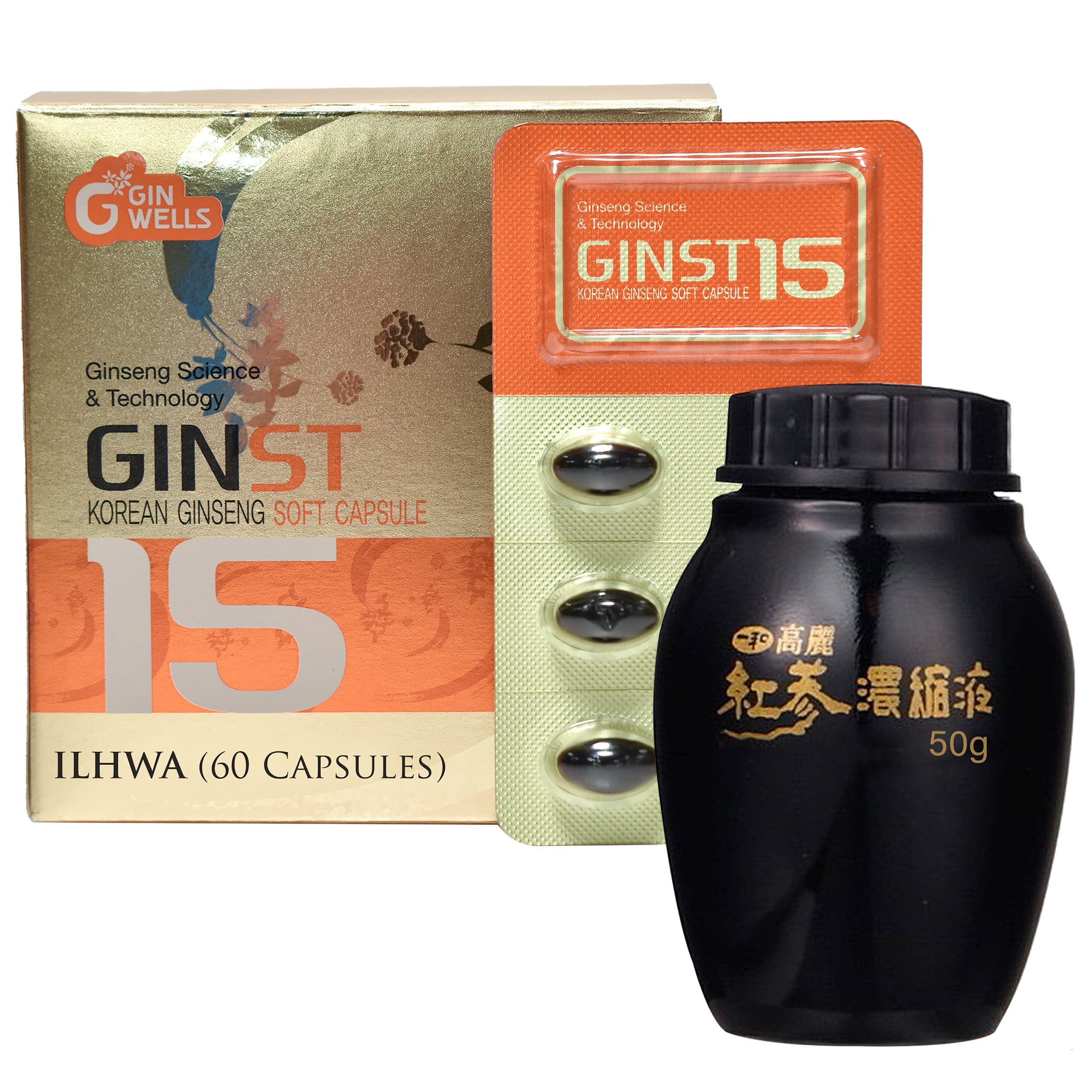 ILHWA Pure Concentrated Ginseng Extract Tea (1.76oz) & Ginseng Capsules (60 Count) - Korean Red Ginseng Supplement for Energy, Immunity & Stress Relief - Perfect for Daily Wellness & Office Boost
