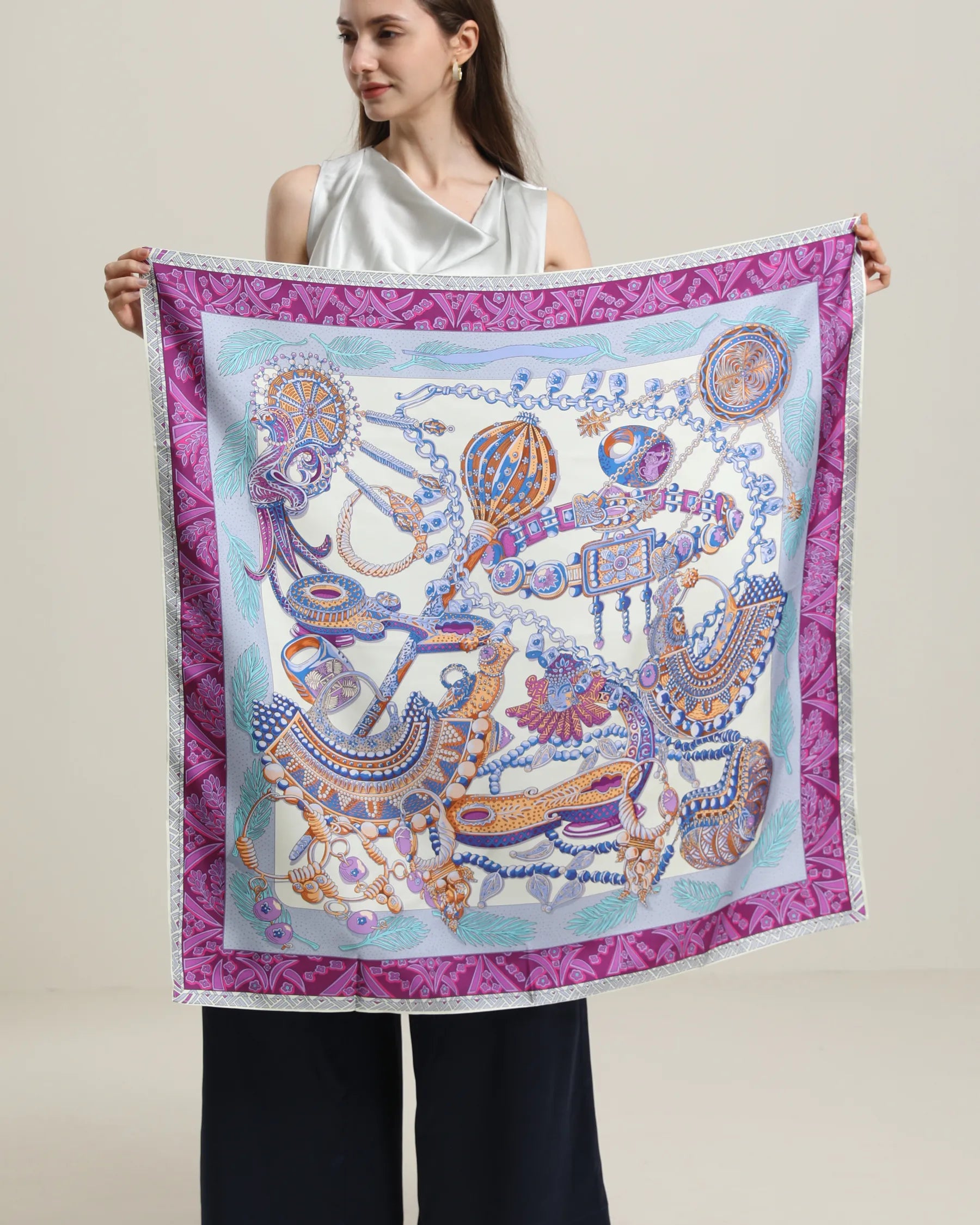 Luxury Silk Scarf with Multiple Elements in Elegant Purple - Perfect for Women's Fashion, Gifts & Special Occasions