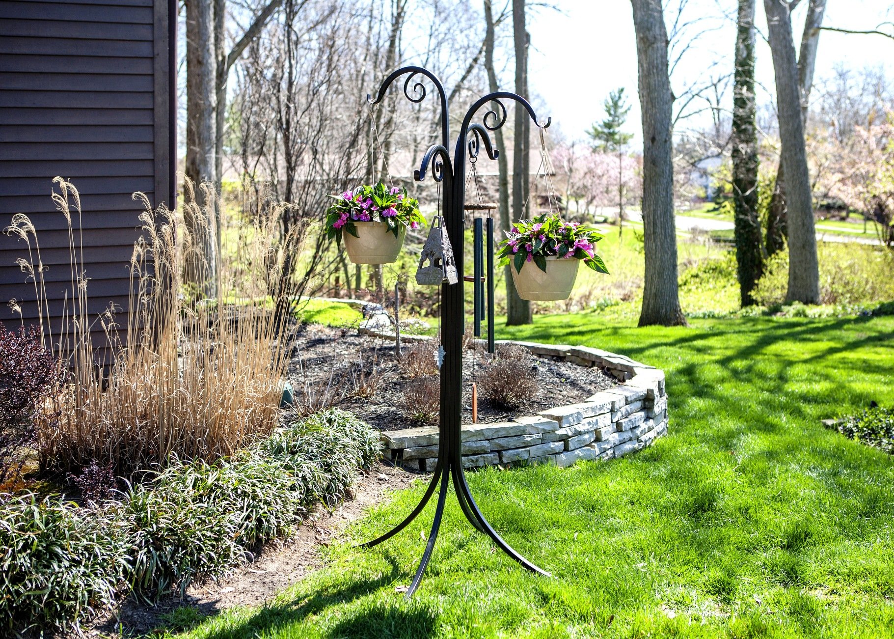 Panacea 88155 4-Way Scroll Basket Hanger - 72 Inch Black Metal Plant Hook for Hanging Baskets, Flower Pots & Home Decor - Perfect for Indoor & Outdoor Gardens, Patios & Balconies