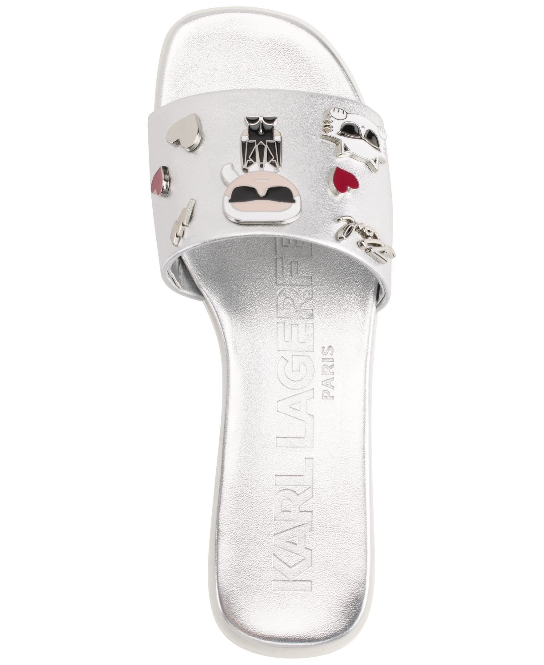 KARL LAGERFELD Women's Jeslyn Slides - Fashionable Slide-On Sandals with Bold KLP Pins | Comfortable Summer Shoes for Beach, Pool & Casual Outings