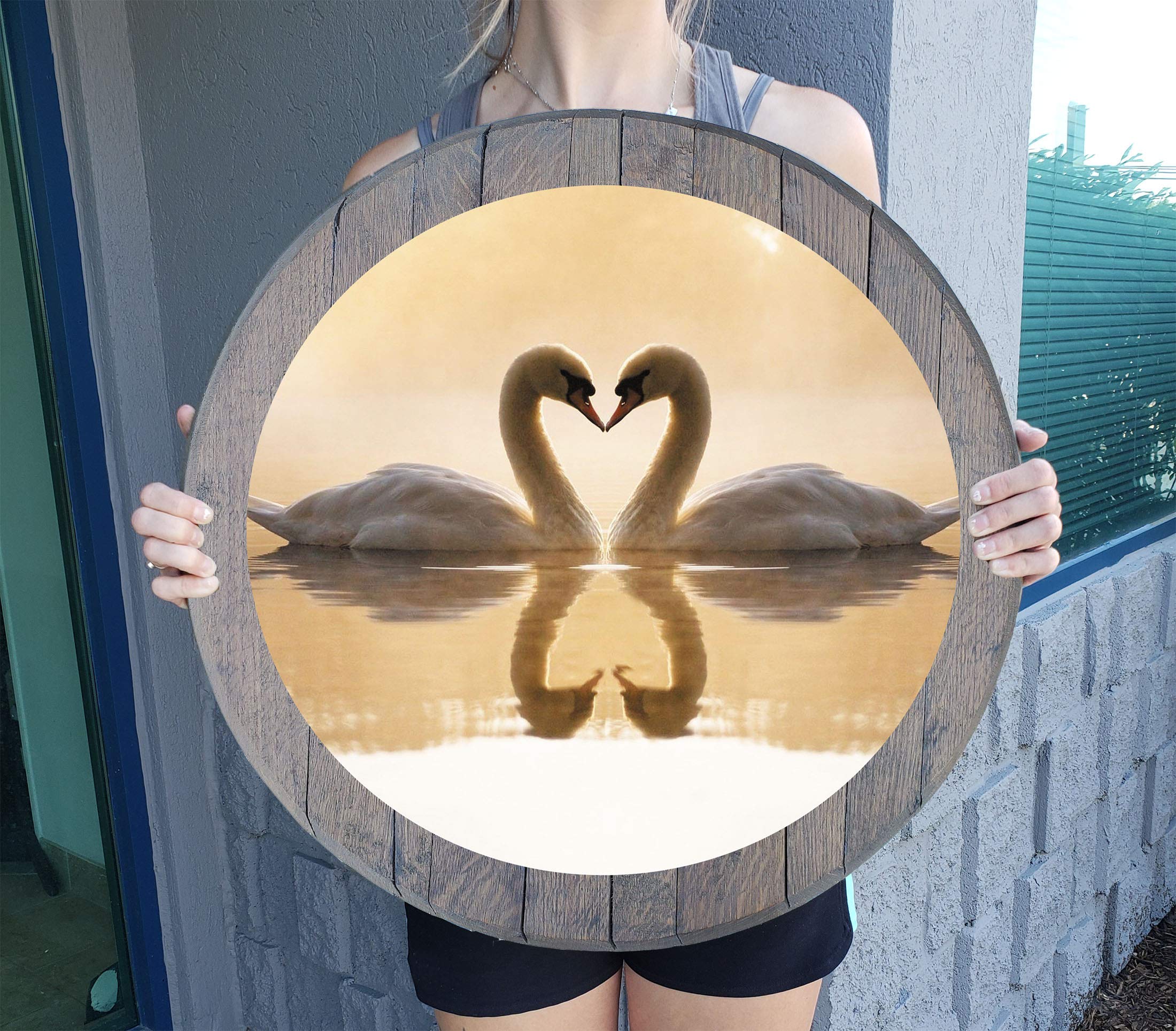 Rustic Love Swans Kissing Wall Art - Heart Reflection in Water, Distressed Barnwood Gray Decor, Whiskey Barrel Lid - Perfect for Man Cave, Home, Bar & Farmhouse Decor