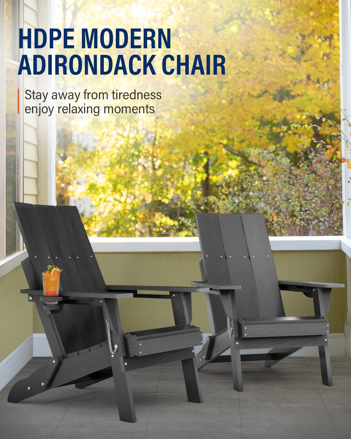 **Premium HDPE Folding Adirondack Chair Set - Oversized All-Weather Outdoor Patio Chairs with Wood Texture, High Back & Cup Holder - Perfect for Backyard, Fire Pit, Garden & Poolside (Grey)**