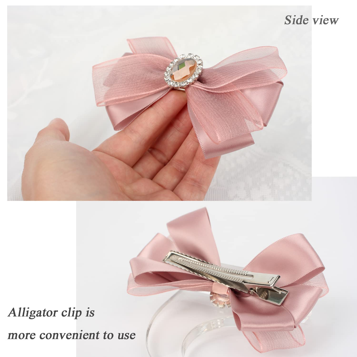 Elegant Dark Pink Satin Hair Bows for Women - Rhinestone & Yarn Embellished Barrettes | Perfect for Weddings, Parties & Special Occasions