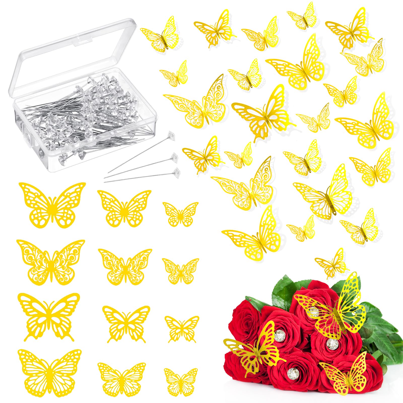 198pcs Bouquet Corsage Pins with 3D Golden Butterfly Stickers - Floral Arrangement Accessories for Wedding, Mother's Day & Party Decor - DIY Flower Diamond Pins for Bouquets, Centerpieces and Gift Wrapping