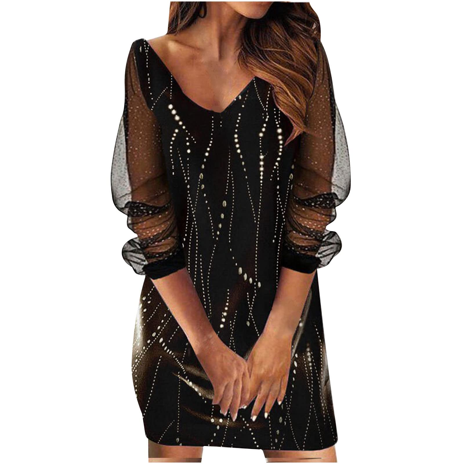 SCKARLE Women's 2022 Spring Fashion V-Neck Mesh Long Sleeve Printed Dress - Elegant Sheer Floral Design for Party, Date Night & Special Occasions