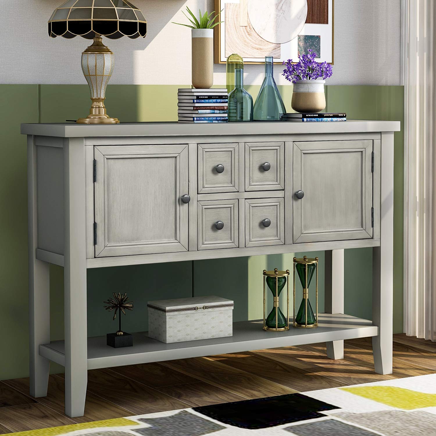 Modern Solid Wood Console Table with 6 Drawers - Retro Buffet Cabinet for Dining & Living Room