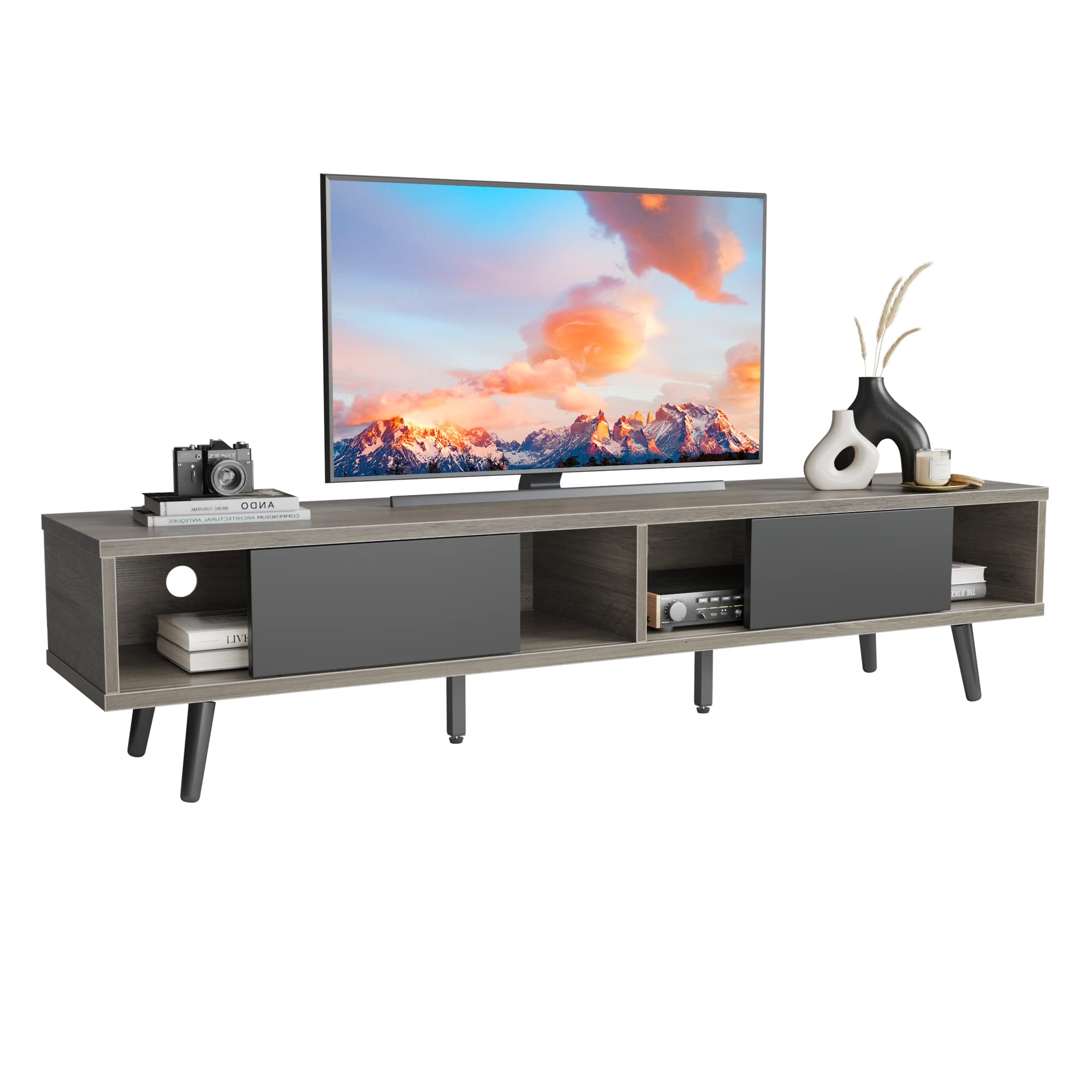 Bestier 70 Inch Modern TV Stand for 75 Inch TVs - Low Profile Entertainment Center with Storage & Cord Management - Gray Wash - Perfect for Living Room, Bedroom & Home Theater Setup