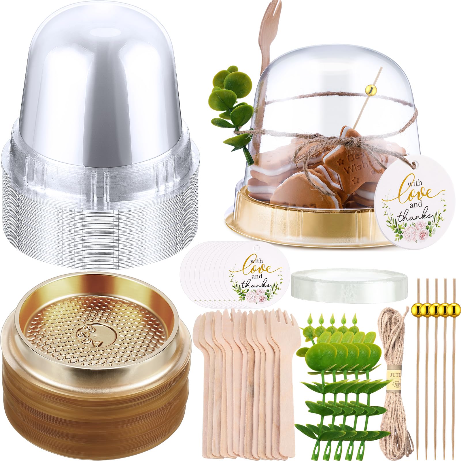 50 Sets Clear Plastic Charcuterie Cups with Lids - Disposable Appetizer Containers for Desserts, Cupcakes & Cocktails | Includes Gold Cocktail Picks, Wooden Forks & Eucalyptus Leaf Thank You Tags | Perfect for Wedding, Birthday Party & Holiday Display