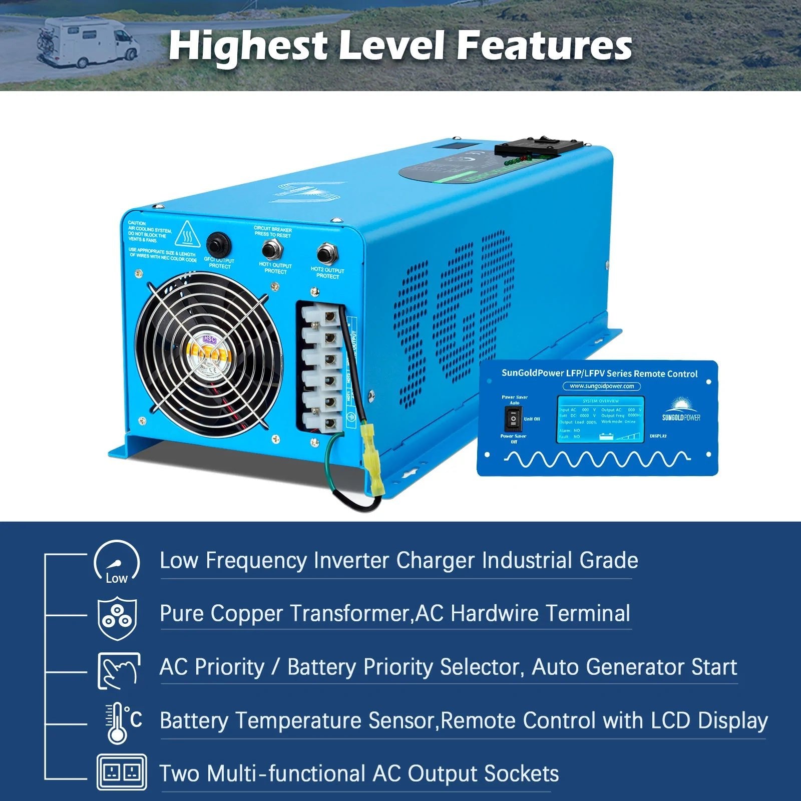 SunGoldPower 6000W 48V Pure Sine Wave Inverter with Charger - Split Phase, UL1741 Certified for Solar Power Systems - Perfect for Off-Grid Living, RV, and Marine Use