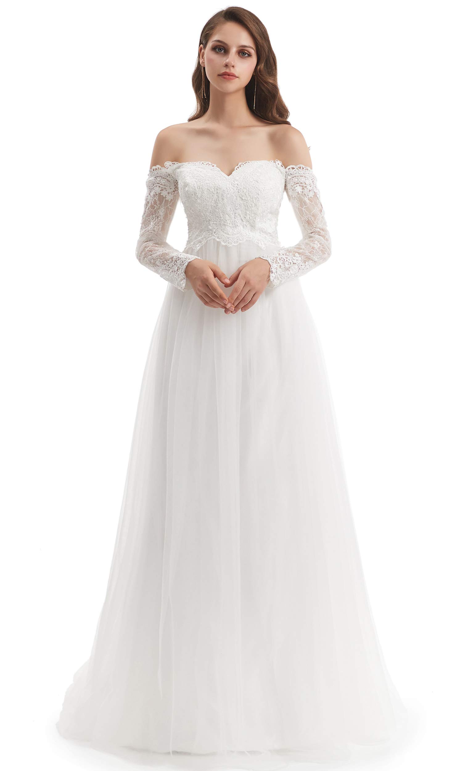 Elegant Women's Long Sleeve Lace Applique Beach Wedding Dress - Perfect for Beach Ceremonies, Destination Weddings & Romantic Photoshoots