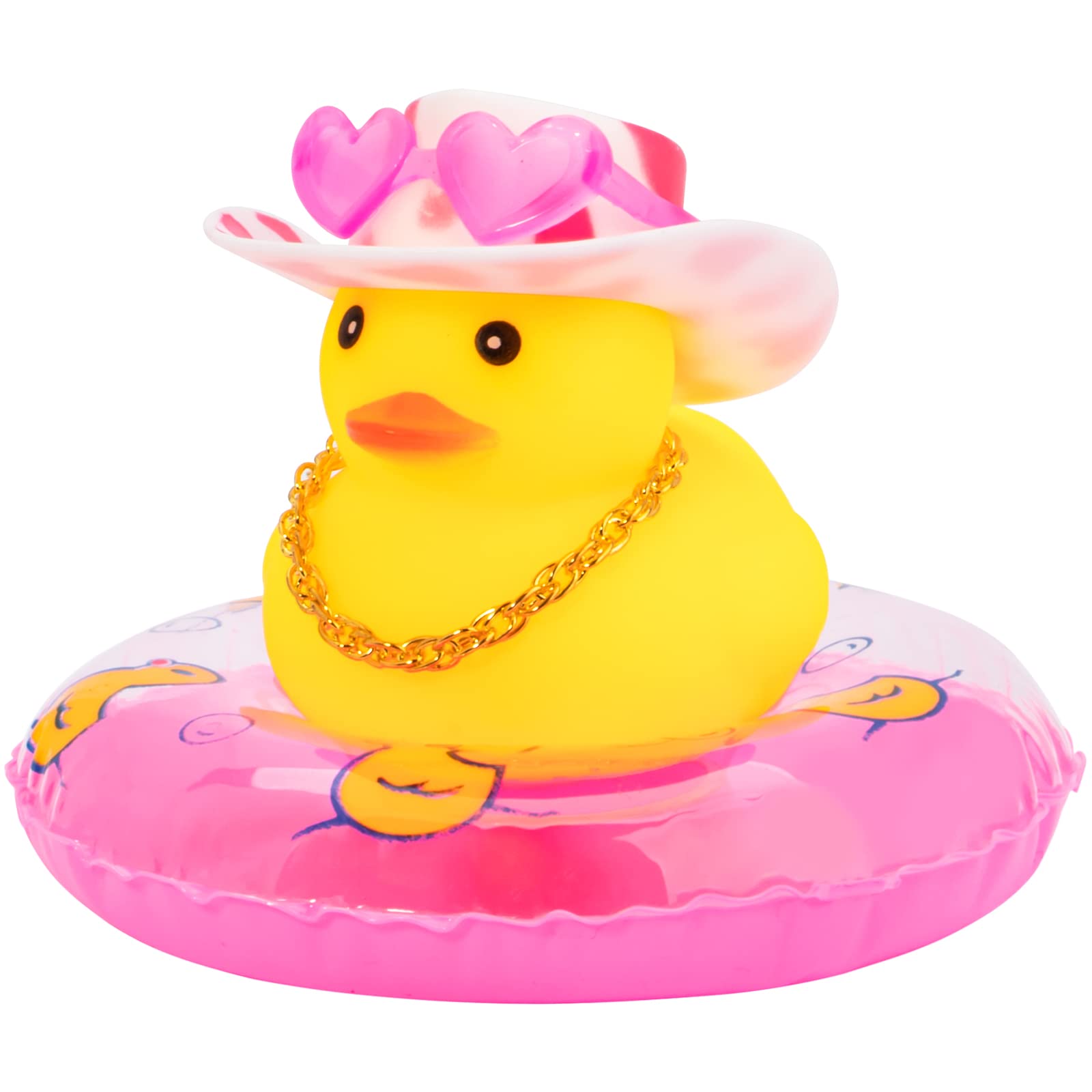Wonuu Rubber Duck Car Dashboard Decoration - Cute Mini Duck Ornament with Flower Hat, Swim Ring, Necklace & Sunglasses (Red Heart Glasses & Pink Spot Hat) - Fun Car Accessory for Dashboard Decor, Gift Idea