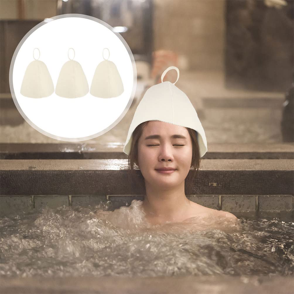 3 Pack Sauna Hat for Women & Men - 100% Wool Felt Spa Head Cover, Bath Accessories for Steam Room & Relaxation - Natural White, Soft & Absorbent for Ultimate Comfort