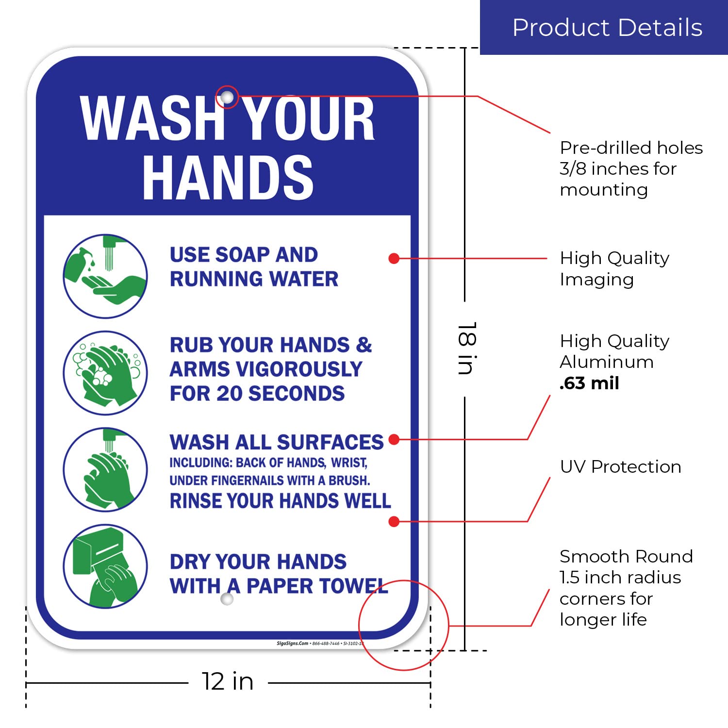 Hand Washing Sign - 12x18 Inches Rustproof Aluminum Hygiene Instruction Poster | Durable Fade-Resistant Bathroom & Kitchen Sign | Made in USA for Restaurants, Hospitals & Schools