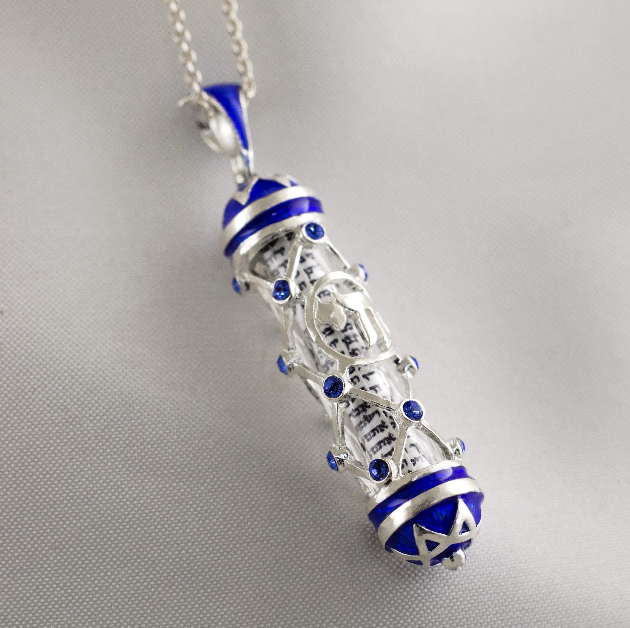 925 Sterling Silver Mezuzah Necklace with Hebrew Prayer - Chai Pendant in Blue, Jewish Jewelry Gift for Women & Men - Perfect for Hanukkah, Bar Mitzvah & Religious Occasions