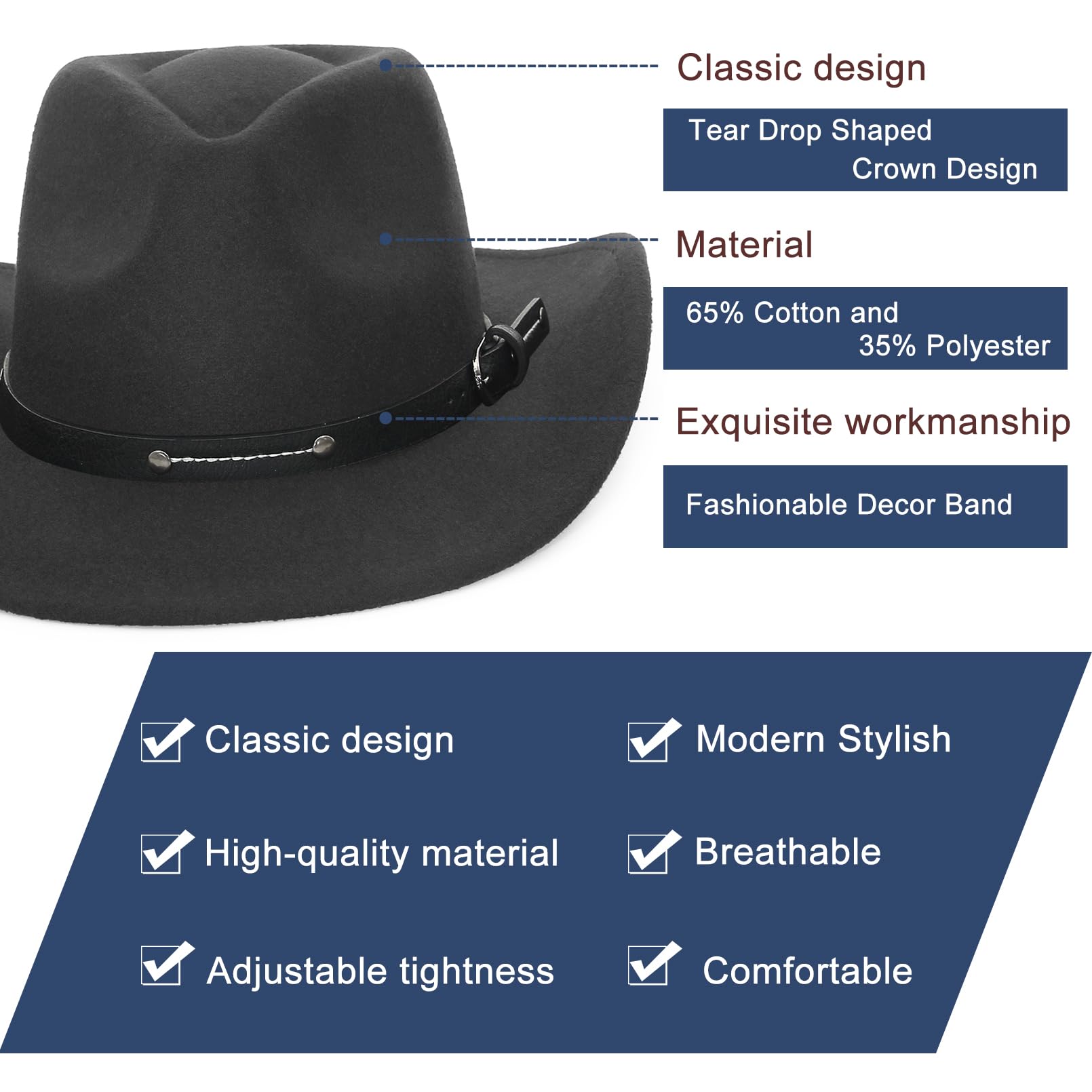 GEMVIE Crushable Roll-Up Brim Cowboy Hat for Men & Women - Western Style Cowgirl Hat with Belt Buckle - Perfect for Rodeo, Country Music Festivals & Outdoor Adventures