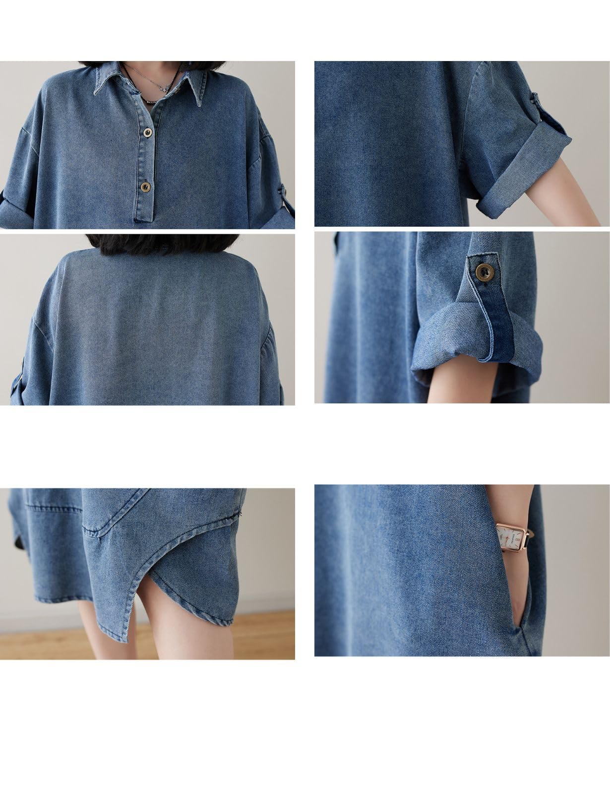 Kwoki Women's Oversized Denim Shirt Dress - Roll Up Short Sleeve Button Up Collared Jean Tunic with Pockets | Casual Summer Outfit, Beach Cover Up, Streetwear Fashion