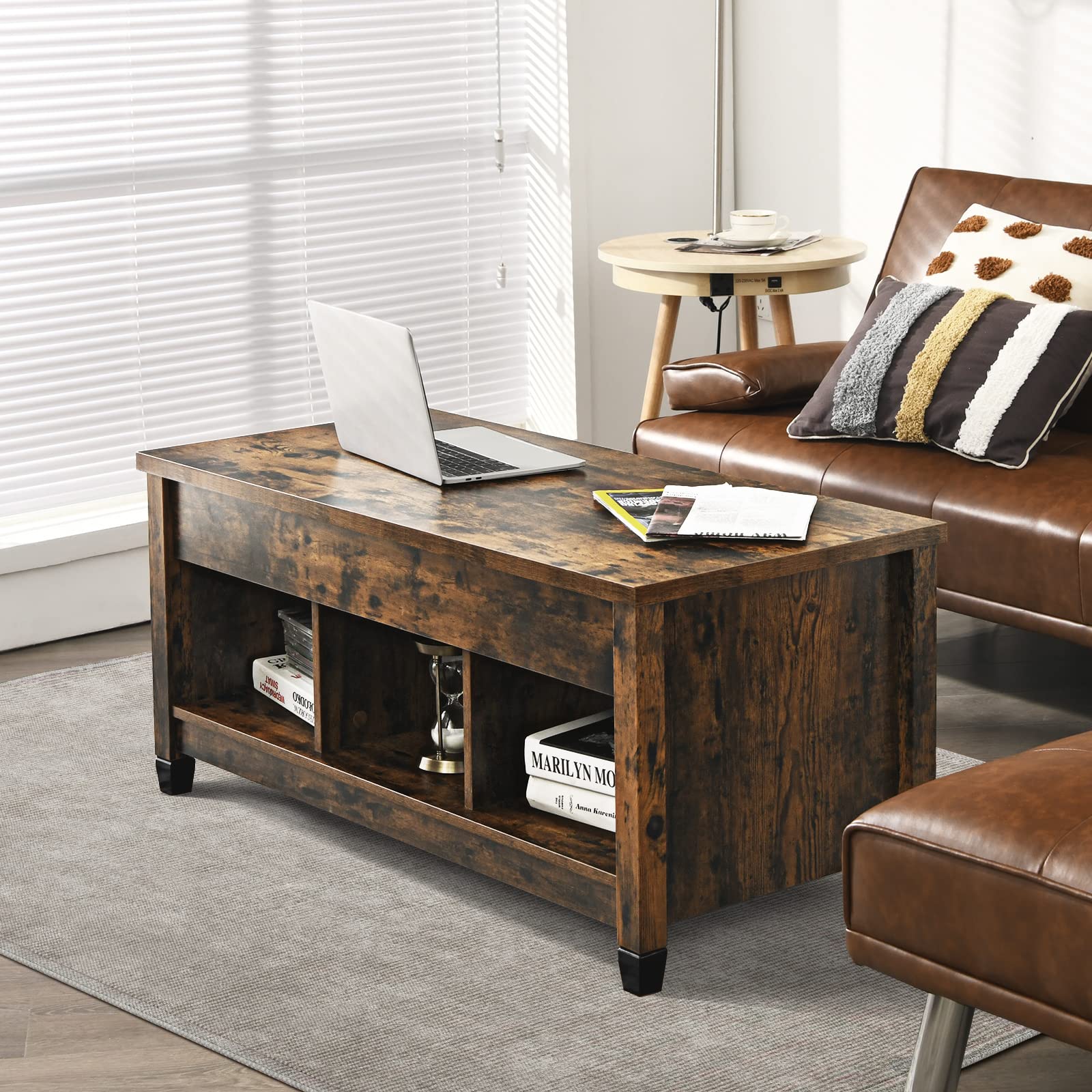 Modern Lift Top Coffee Table with Hidden Storage & Open Shelf - Rustic Brown Moccha Wood Cocktail Table for Living Room, Office, Reception - Pop-Up Tabletop for Laptop Use, Extra Storage Space