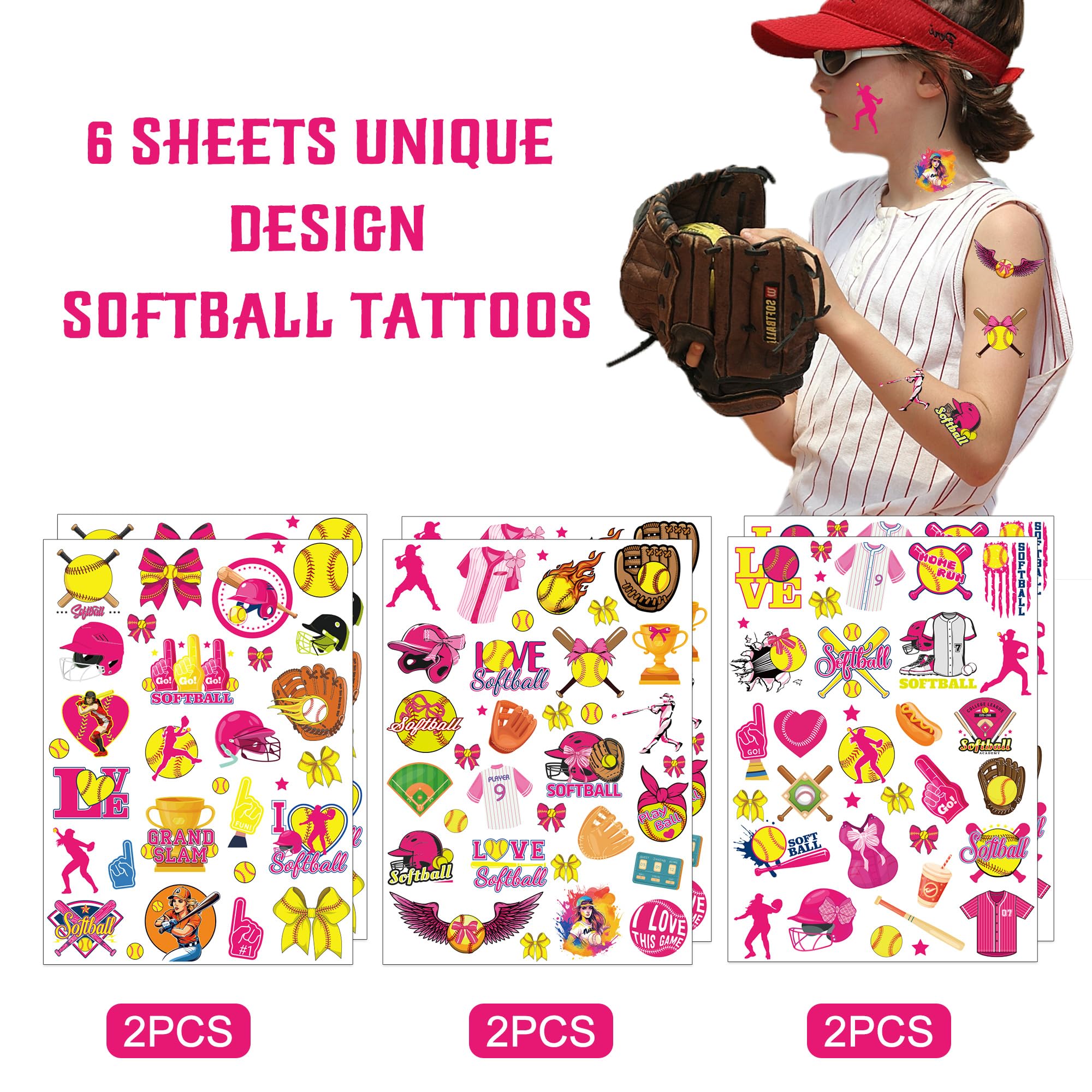 180 Pcs Softball Temporary Tattoos for Girls - Baseball Sports Themed Fake Tattoo Stickers for Kids Party Favors, Team Gifts & School Rewards | Perfect for Birthday Parties, Sports Events & School Activities