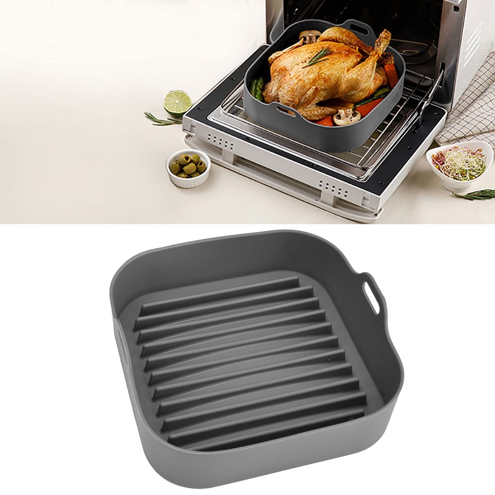 Silicone Air Fryer Basket Replacement - 10 Inch Non-Stick Pot for Microwave, Steamer & Rice Cooker - Durable & Easy to Clean (Grey) - Perfect for Healthy Cooking, Meal Prep & Quick Reheating