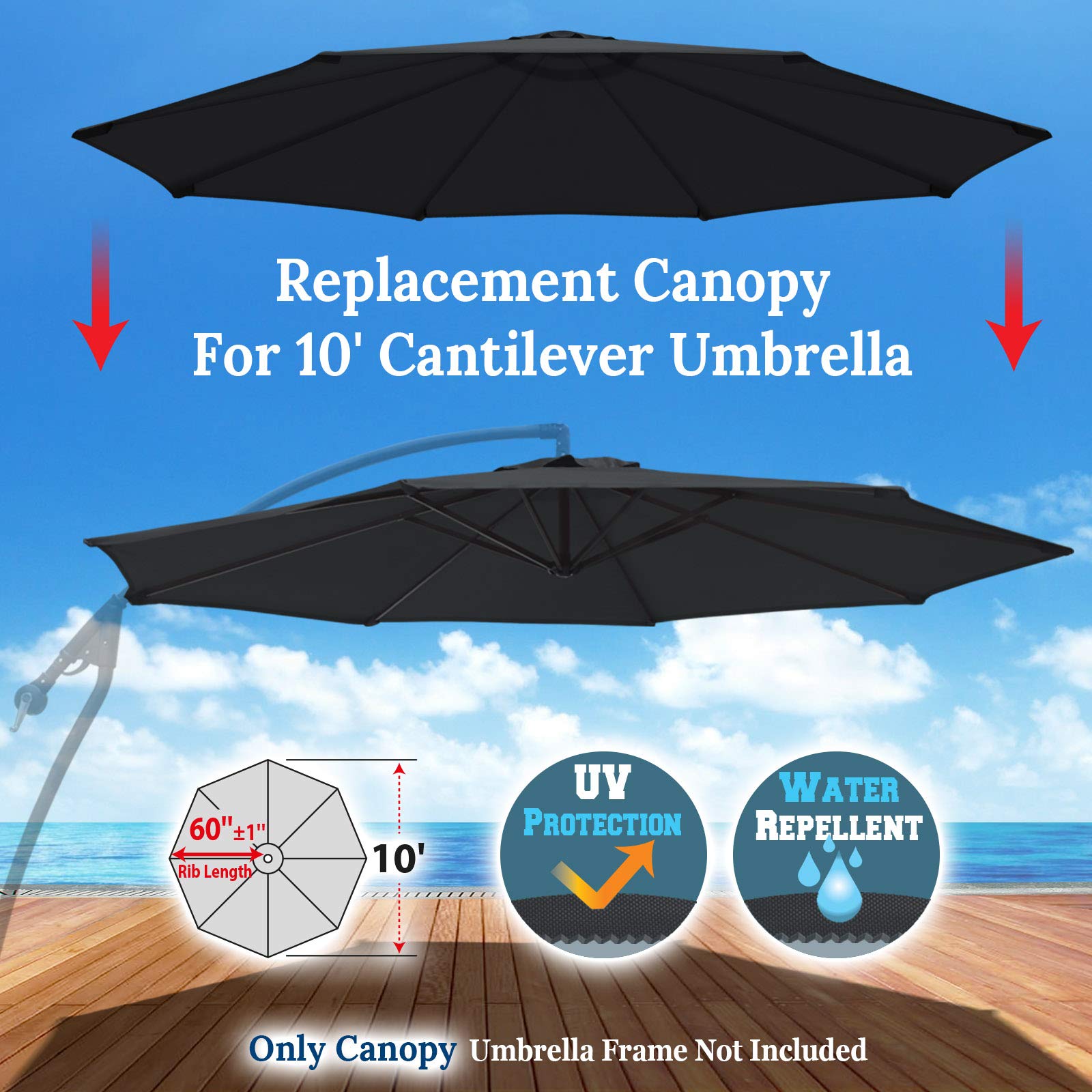 YardGrow 10ft 8 Ribs Cantilever Umbrella Canopy Replacement - Outdoor Patio, Garden, Poolside Shade Cover (Frame Not Included) - Perfect for Backyard, Deck, and Beach Use
