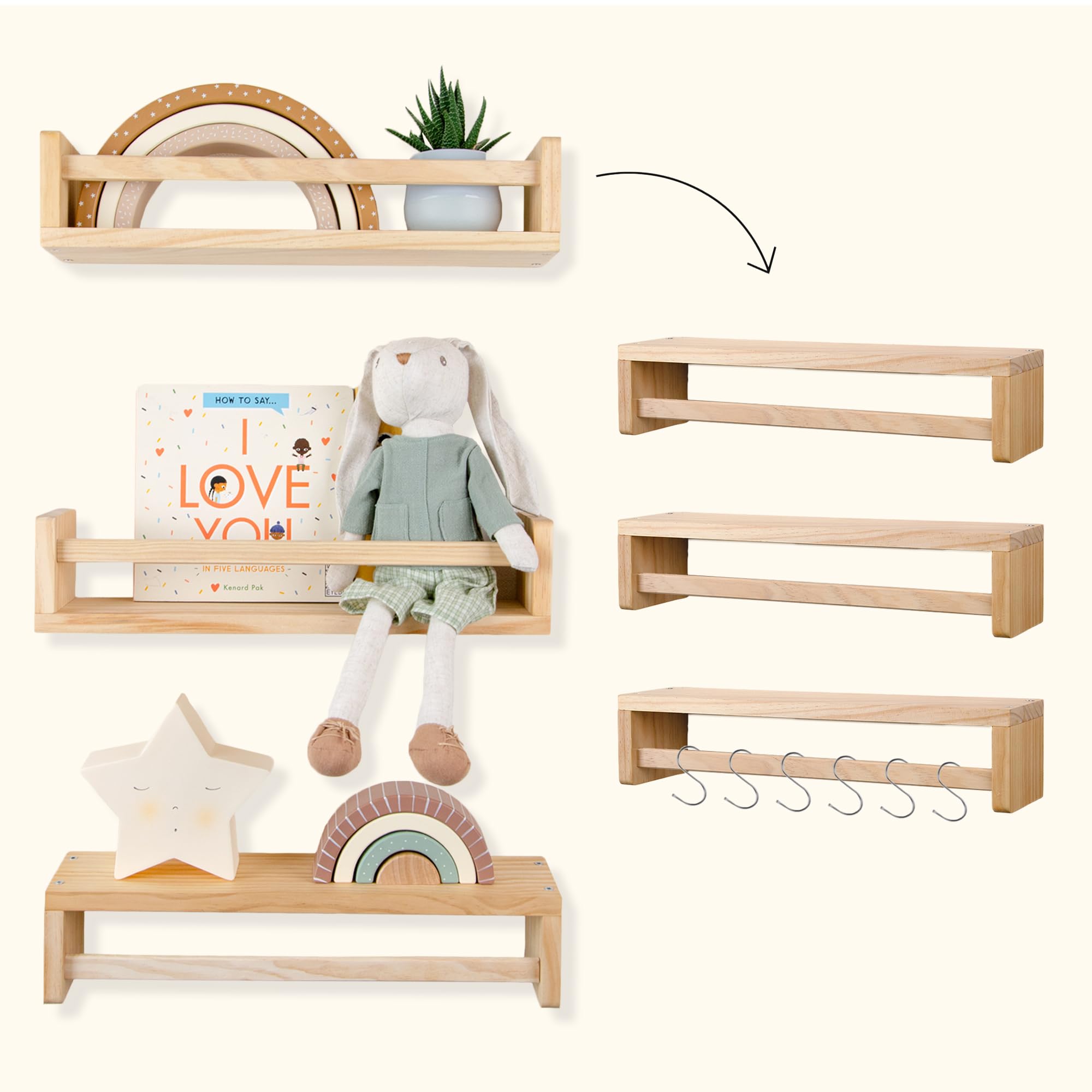 Set of 3 Natural Wood Floating Wall Bookshelves for Kids - Nursery Book Storage, Baby Room Decor, Children's Book Display - Perfect for Bedrooms, Playrooms & Montessori Classrooms