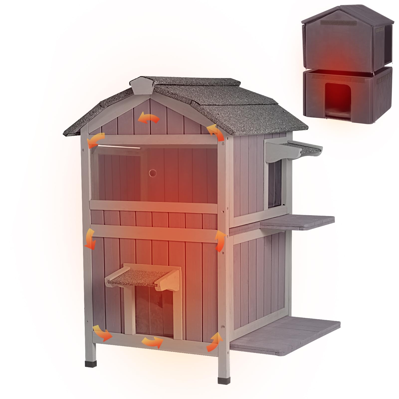 GUTINNEEN Insulated Weatherproof Outdoor Cat House - 2-Story Winter Shelter for Feral Cats with Escape Door | Perfect for Backyard, Garden & Cold Weather Protection