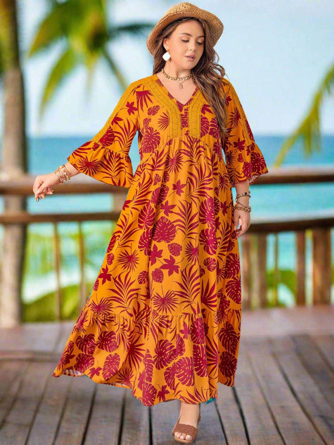 Plus Size Lace Detail Vacation Maxi Dress - Flowy Summer Beach Dress for Women, Boho Chic Wedding Guest Outfit, Tropical Holiday Party Dress