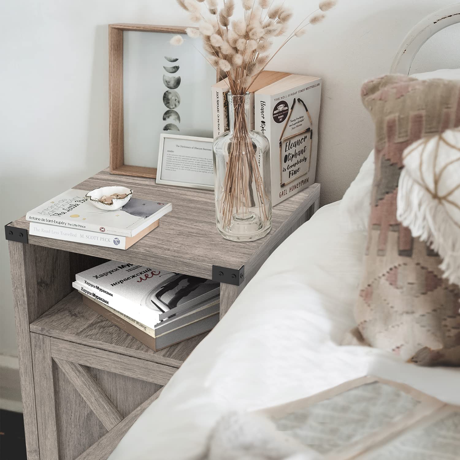 Rustic Modern Farmhouse Nightstand with Barn Door & Shelf - Grey Wash Bedside Table, End Table for Bedroom & Living Room | Perfect for Small Spaces, Guest Rooms & Cozy Home Decor