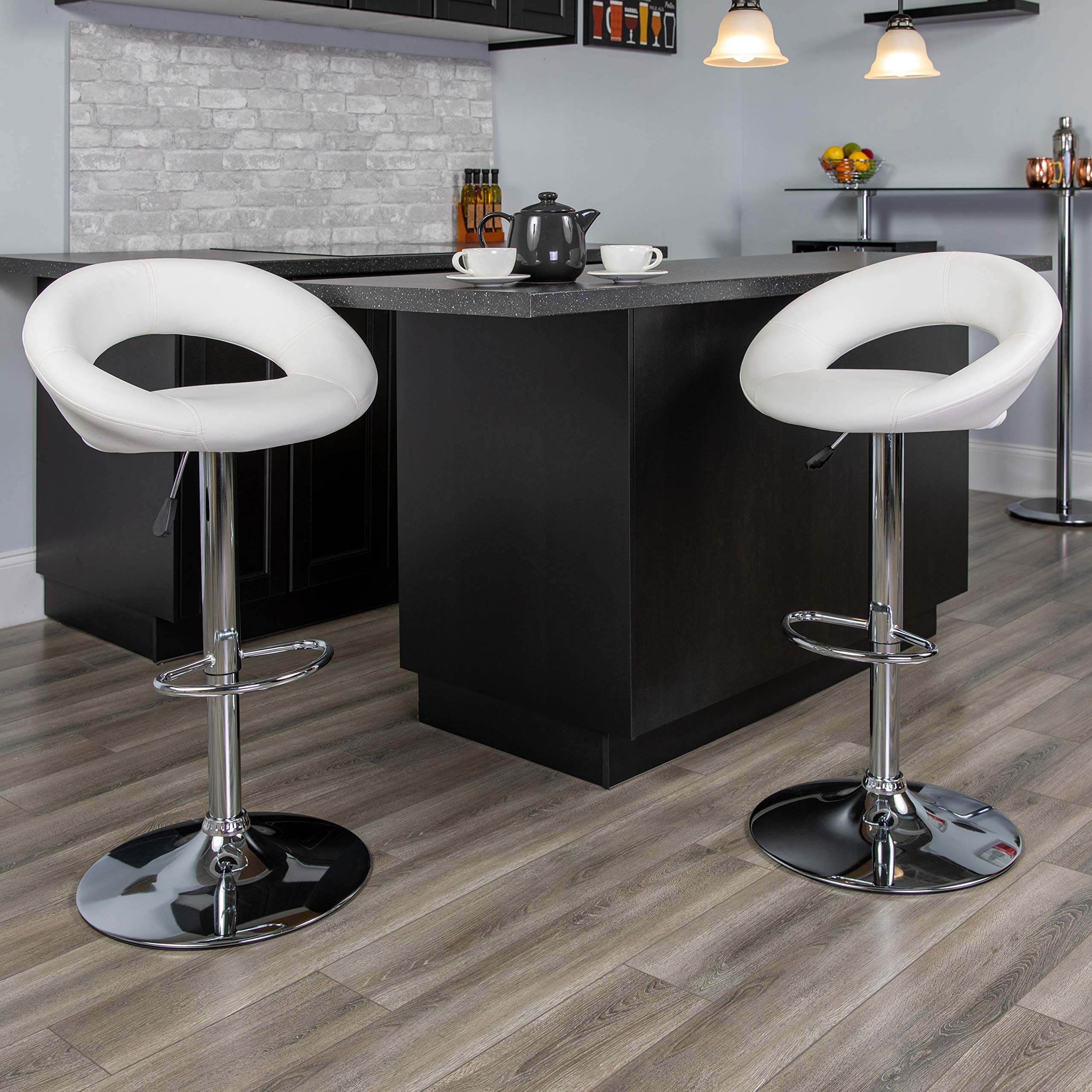 Flash Furniture Anthony 2-Pack White Vinyl Adjustable Height Bar Stools with Chrome Base - Modern Orbit-Style Back Design for Kitchen Island, Breakfast Bar & Home Decor