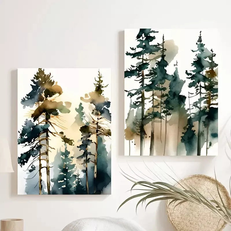 2-Piece Pine Trees Misty Forest Oil Painting Set - Framed 50x75cm High-Quality Canvas Print | Australian Made Wall Art | Ready to Hang | Perfect for Living Room, Bedroom & Office Decor